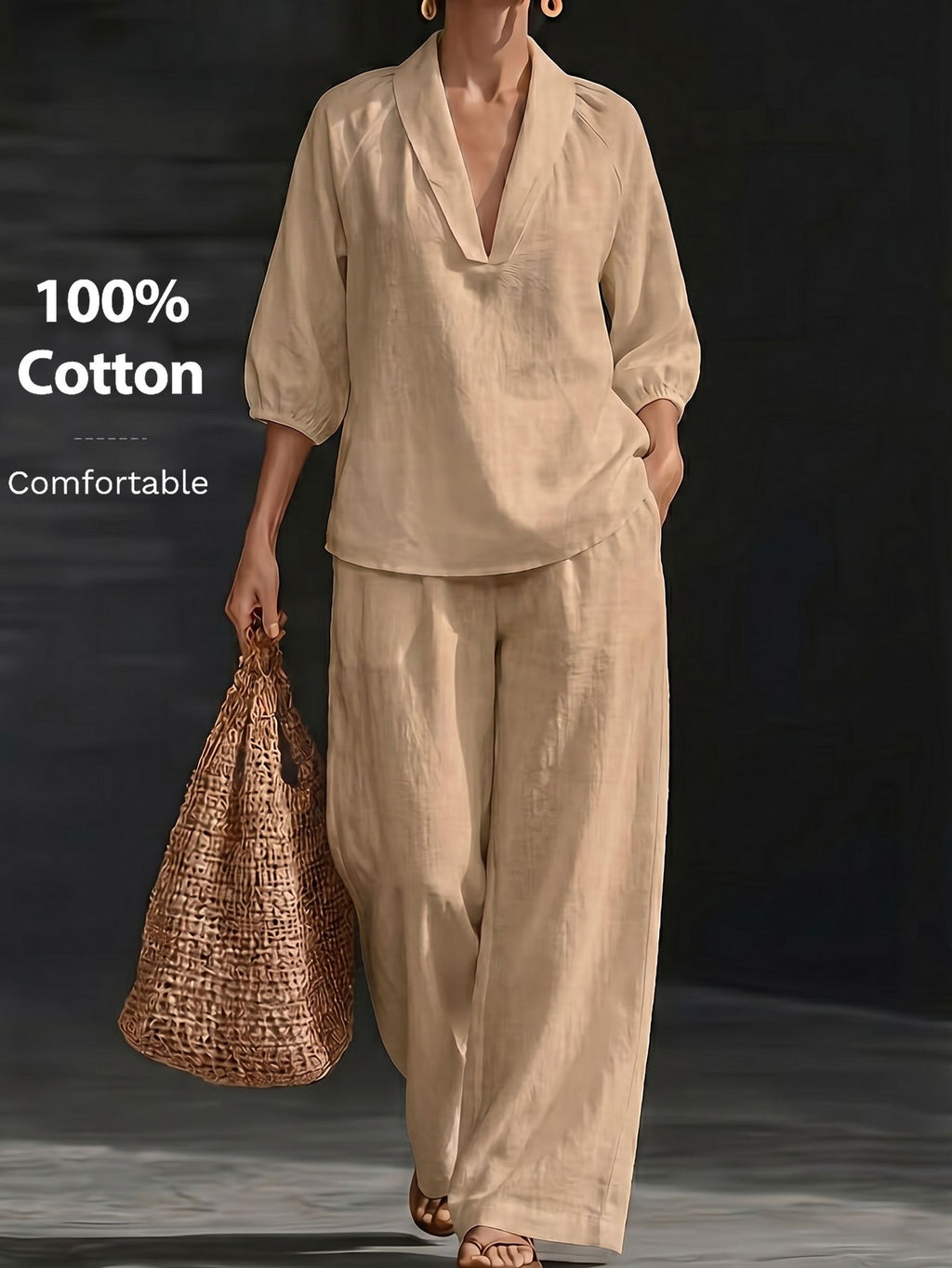 Ensemble grande taille, coupe ample, poches pratiques, toucher naturel, porté de face