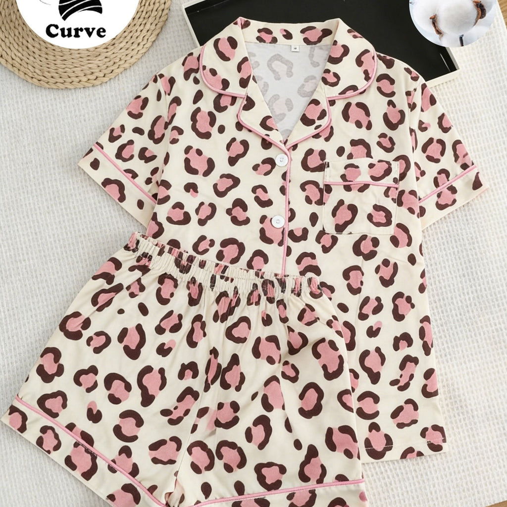 Pyjama grande taille à imprimé léopard, manches courtes, toucher naturel — matière : coton