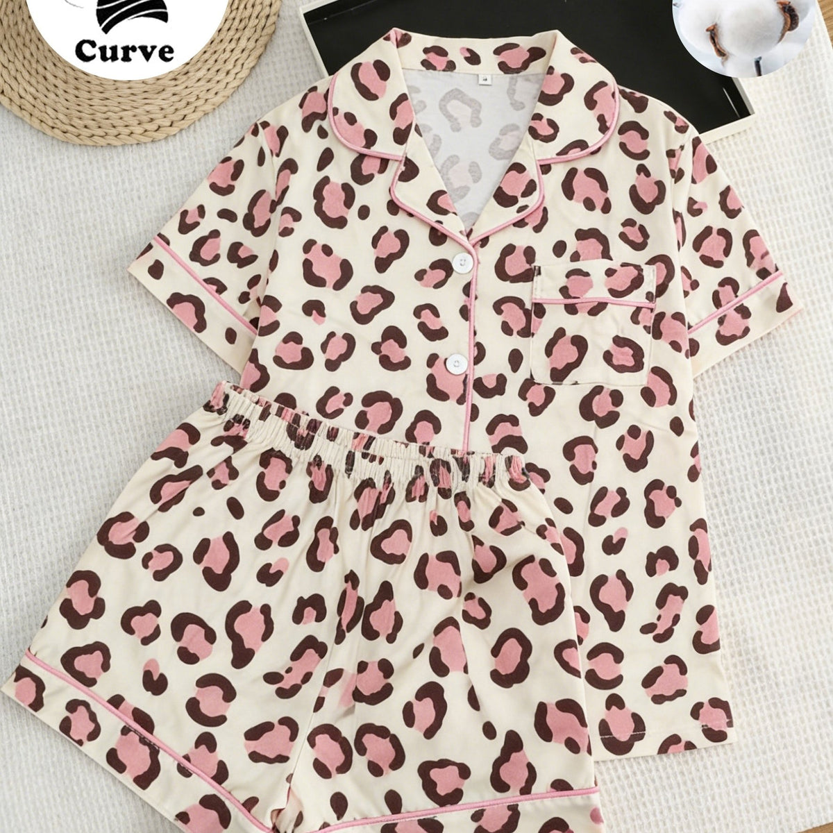 Pyjama grande taille à imprimé léopard, manches courtes, toucher naturel — matière : coton Image