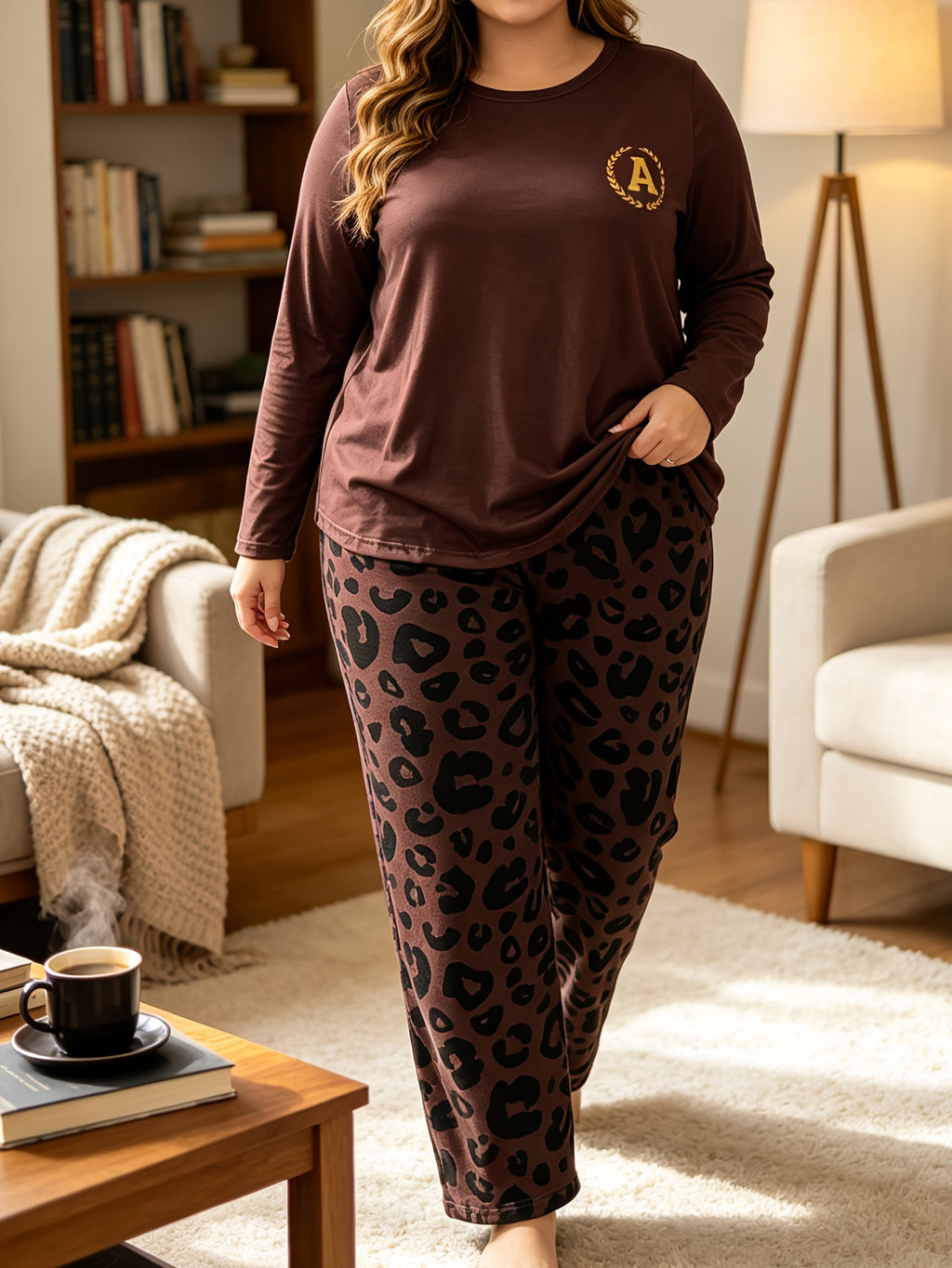 Pyjama grande taille à imprimé léopard, coupe ample, manches longues, tissu opaque