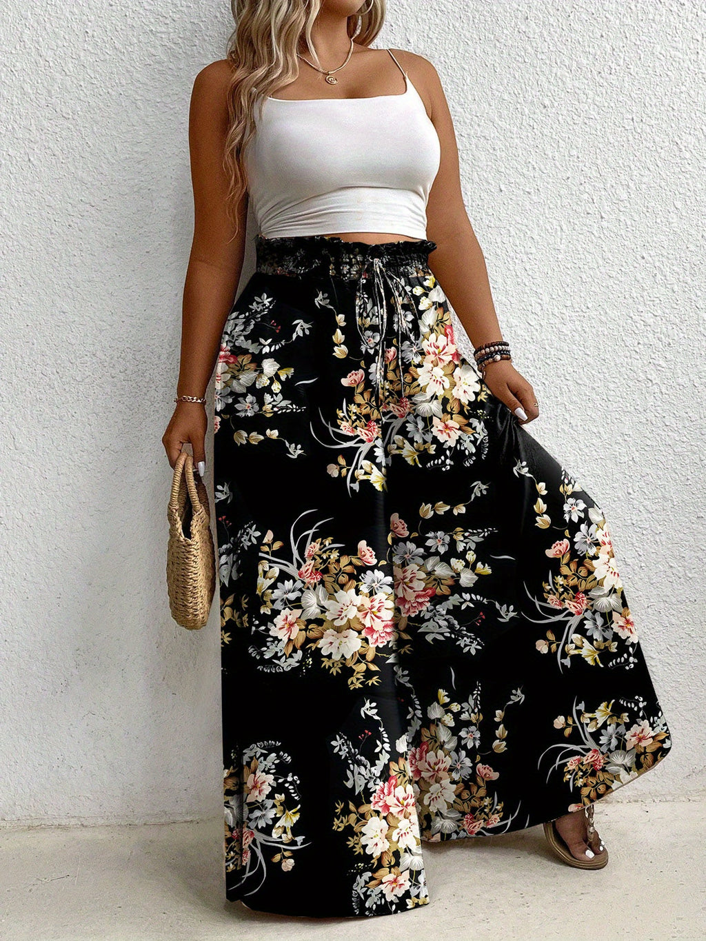 Pantalon grande taille à imprimé fleuri, coupe évasée, cordon, tissu opaque
