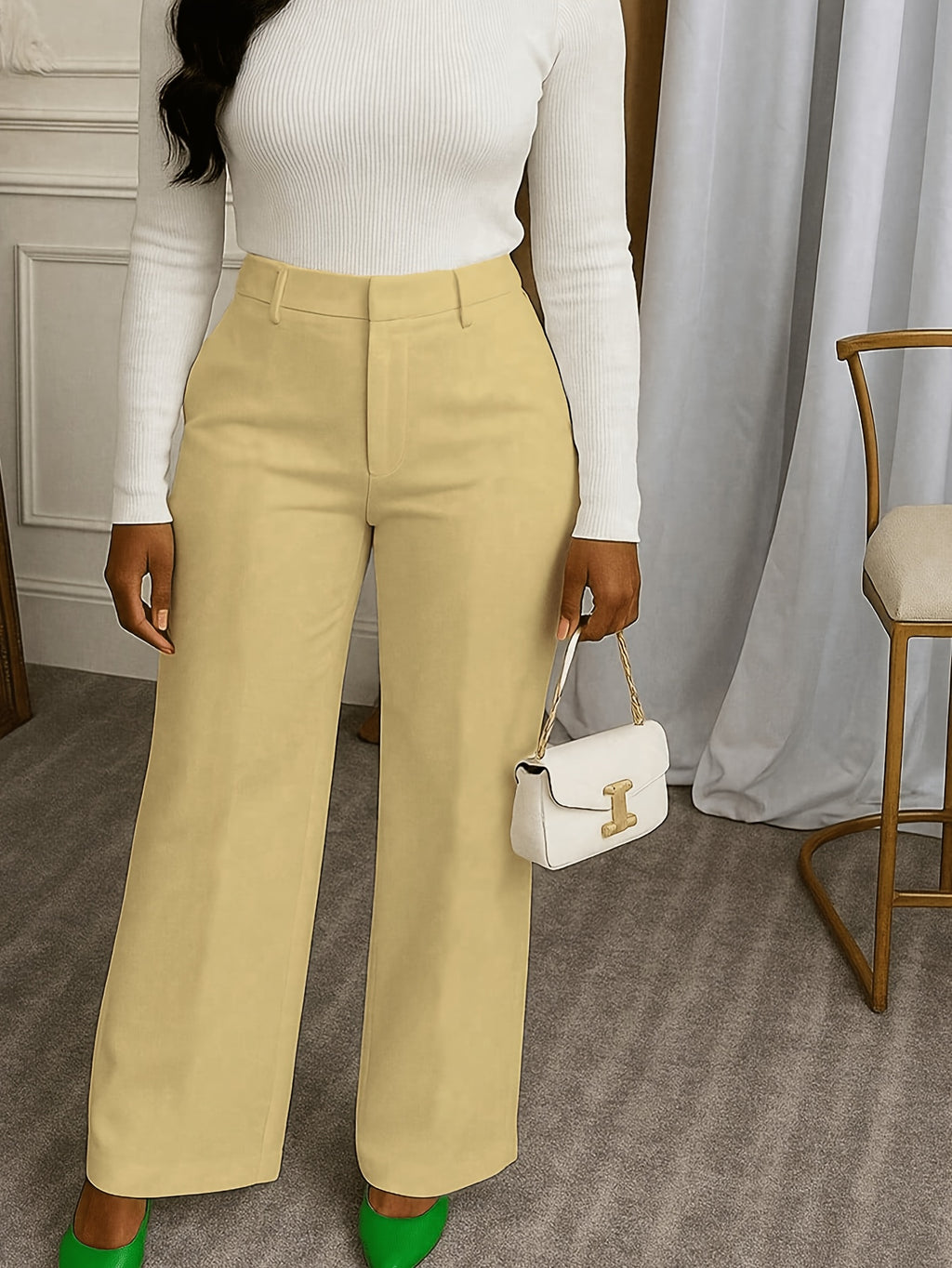 Pantalon grande taille en maille, coupe droite, poches plaquées, maille souple — composition : 95% Polyester, 5% Élasthanne
