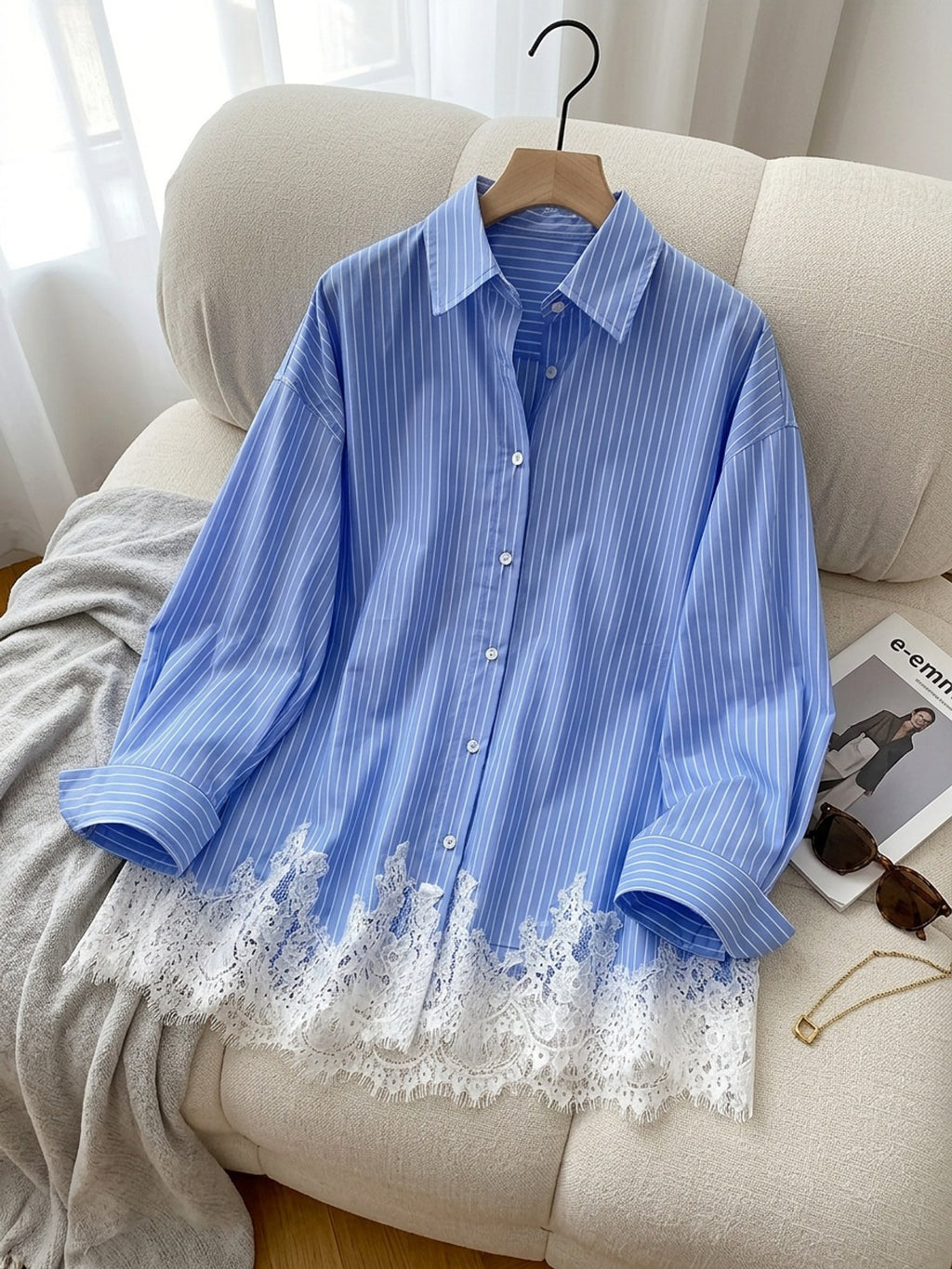 Chemise grande taille en dentelle à rayures, manches longues, effet ajouré, vu de dos