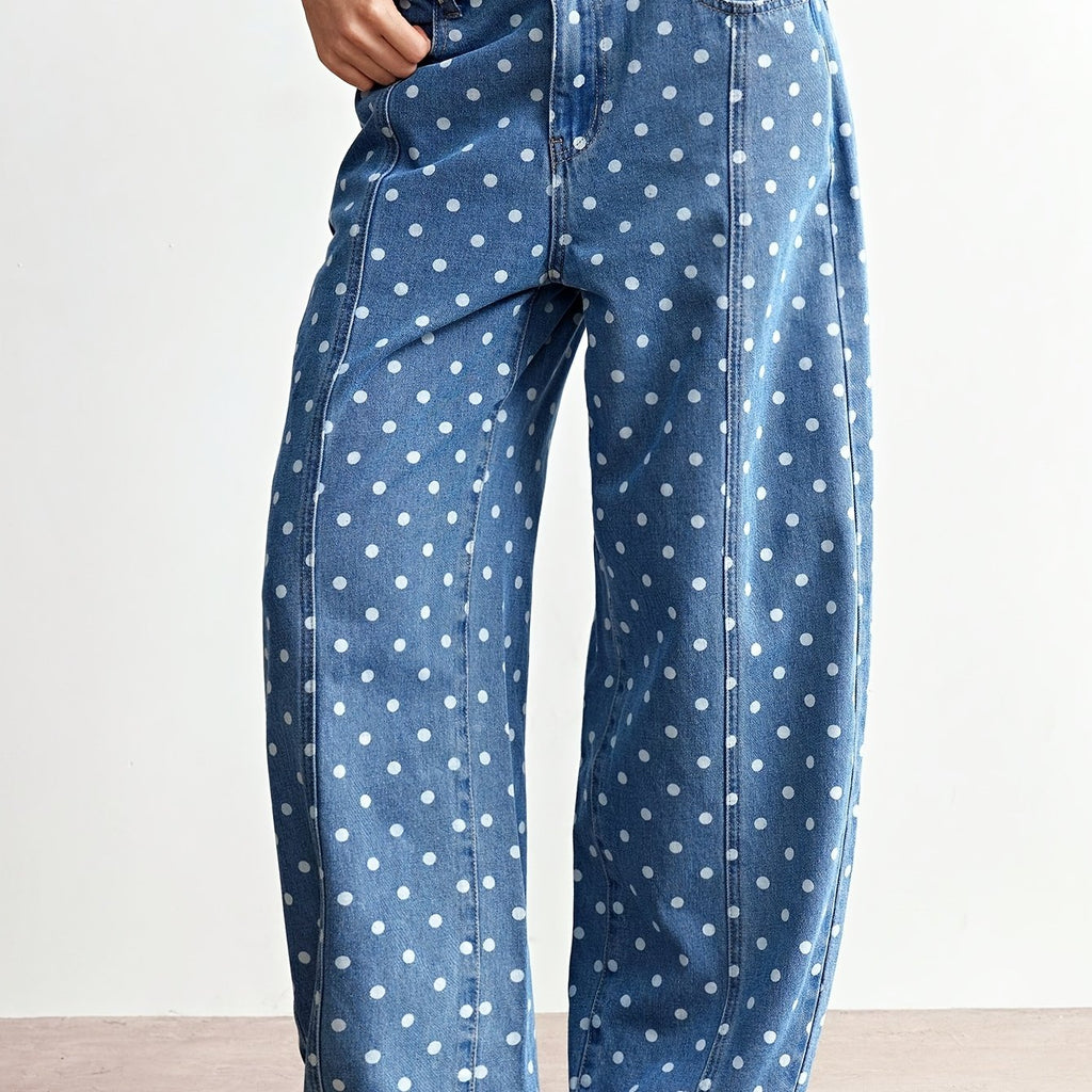Jean grande taille à pois, coupe oversize, tenue franche — matière : denim