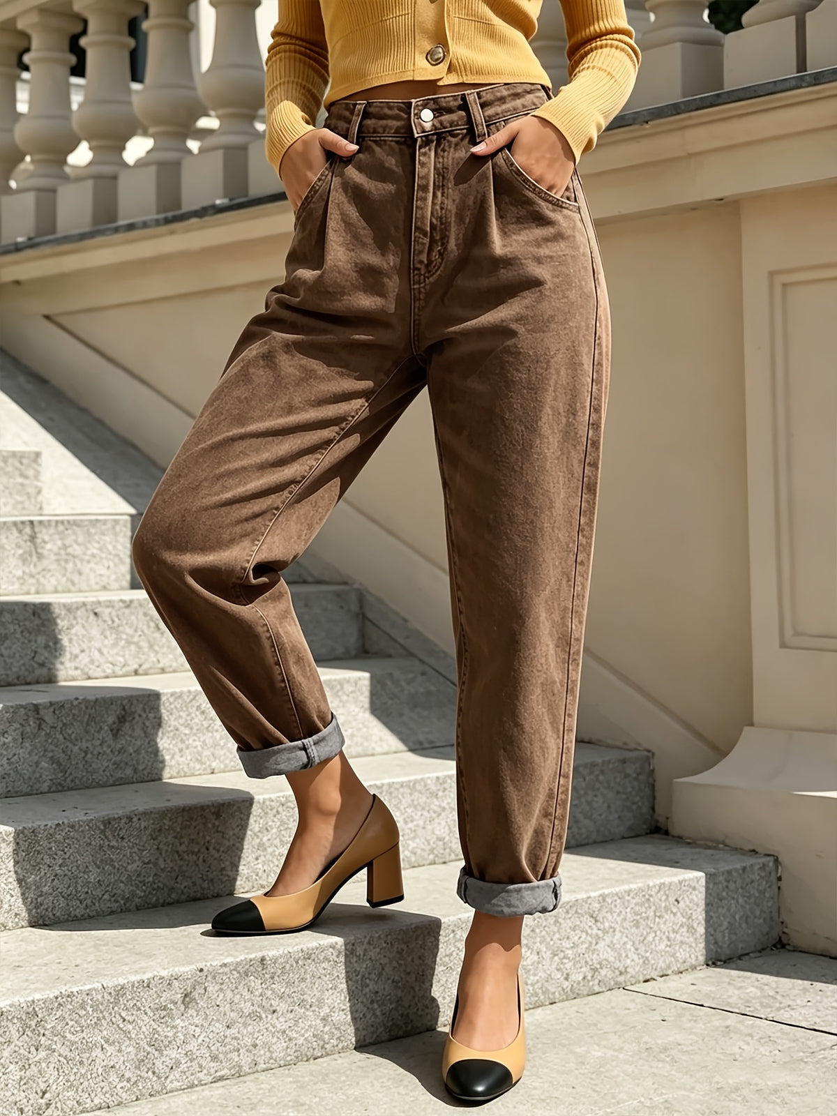 Jean grande taille, délavage doux, poches pratiques, tenue franche, porté de face