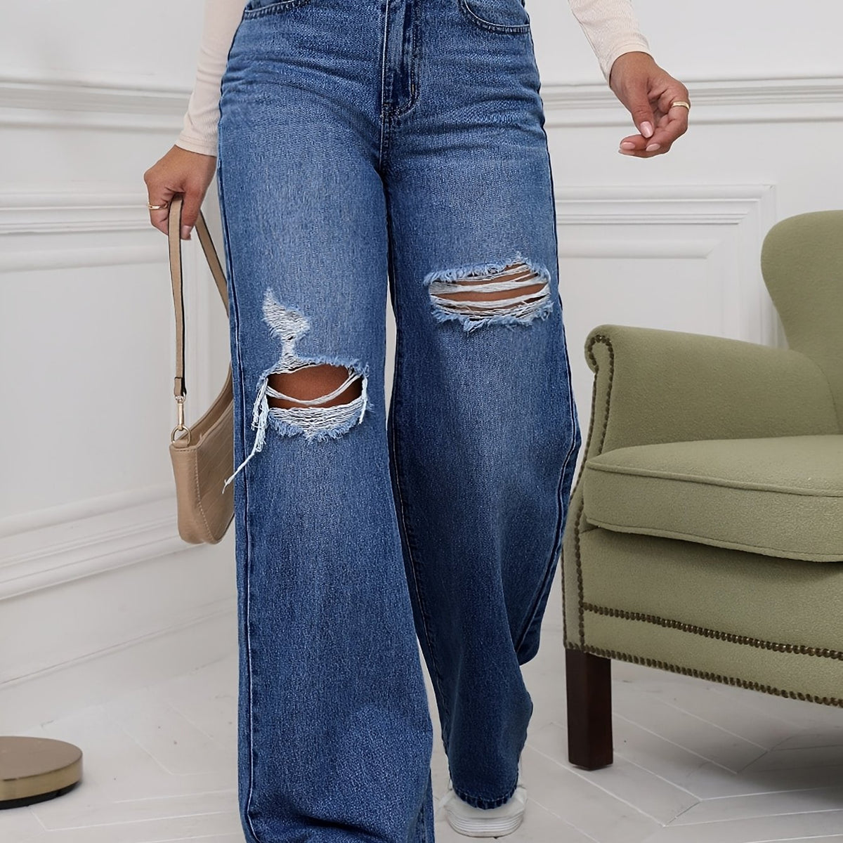 Jean grande taille, coupe évasée, tenue franche, jambe large — matière : denim