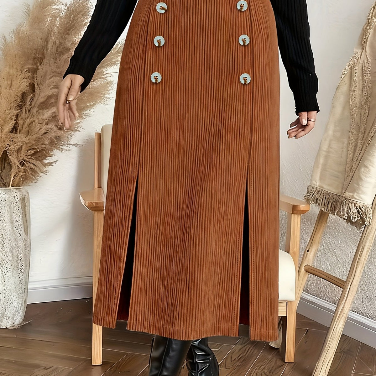 Jupe grande taille en velours côtelé, ceinture assortie, relief côtelé — matière : étoffe tissée Image