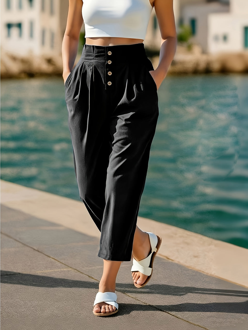 Pantalon grande taille, coupe droite, toucher naturel