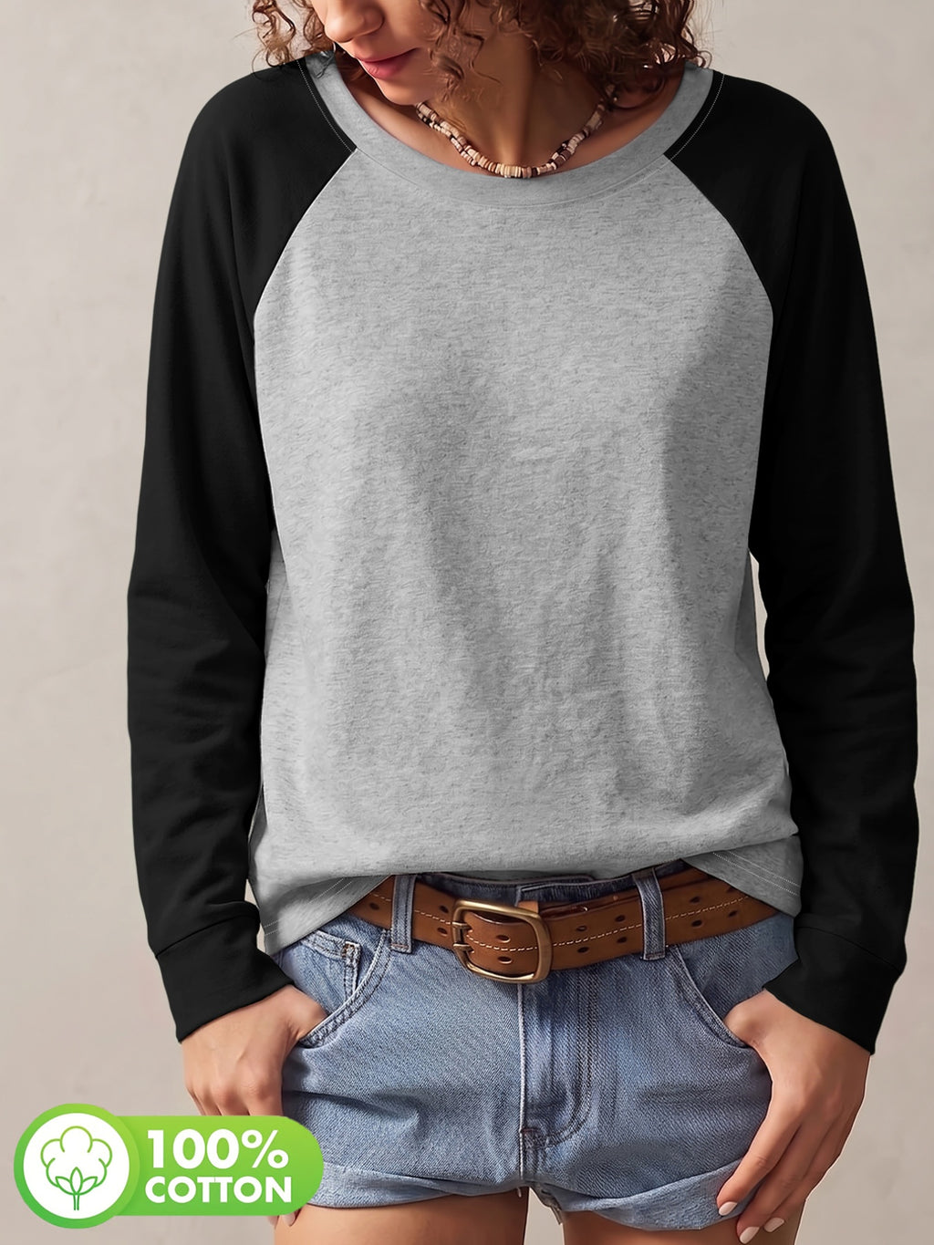 T-shirt grande taille, coupe ample, manches longues, toucher naturel, porté de face