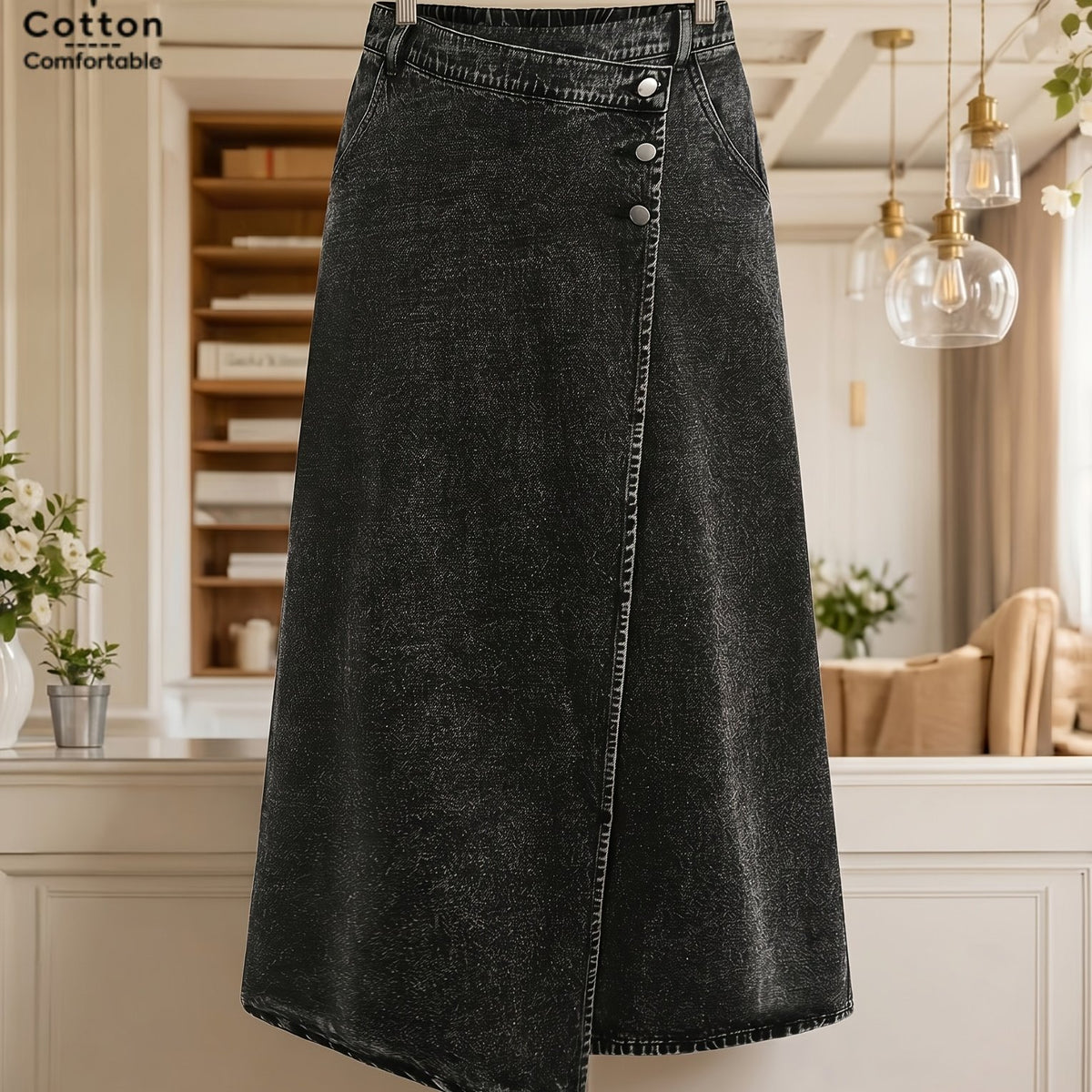 Jupe grande taille, coupe oversize, longueur midi, fente — matière : denim Image
