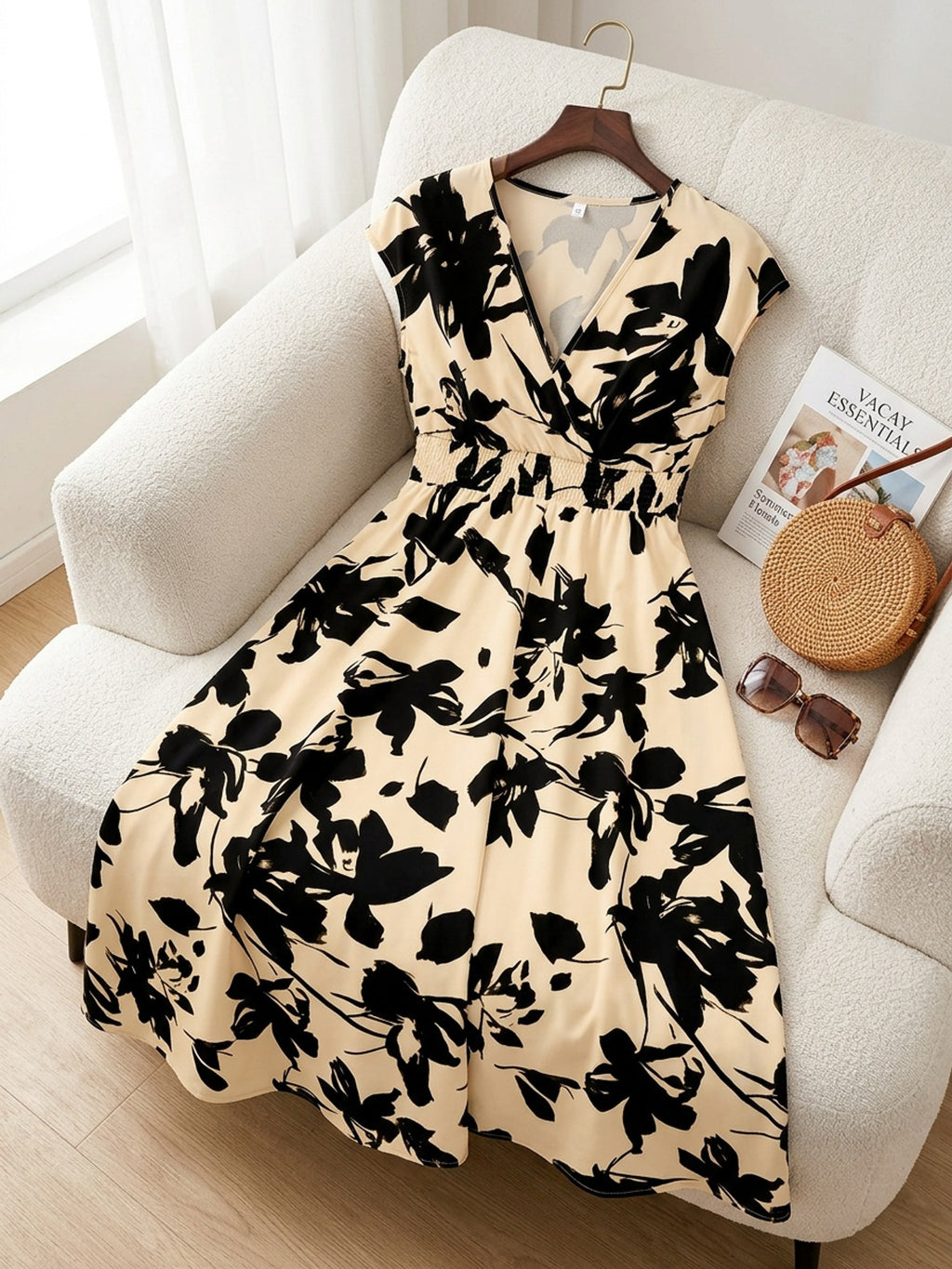 Robe longue grande taille — Grandes fleurs, taille froncée