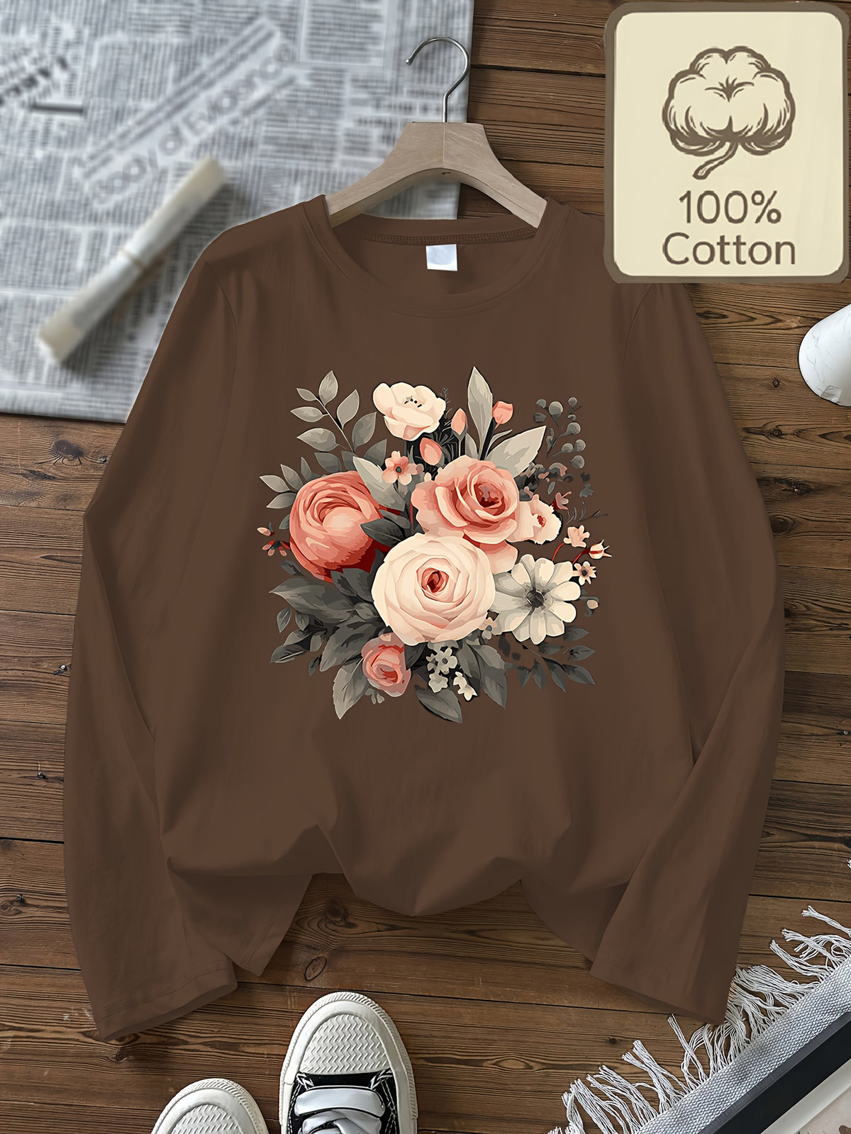 Top grande taille, col rond, manches longues, toucher naturel, vu de dos