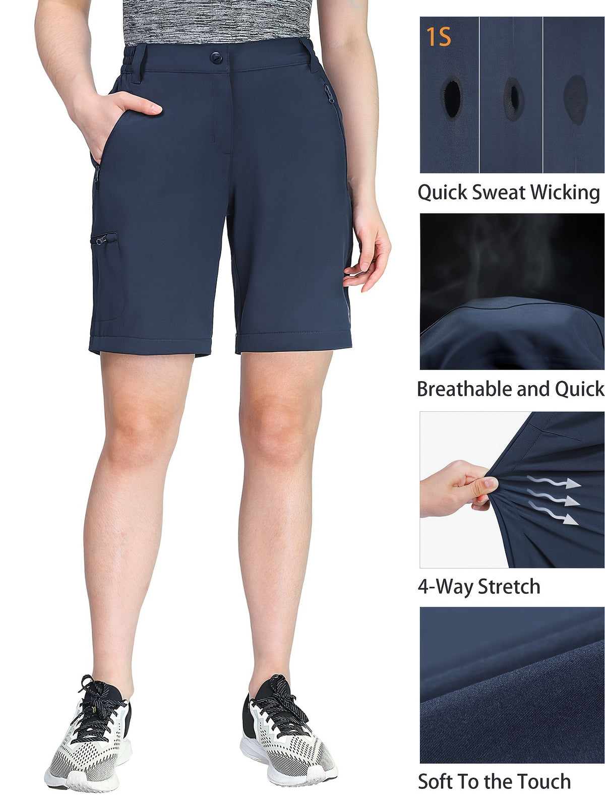 Pantalon grande taille, poches plaquées, fermeture zippée, gros plan