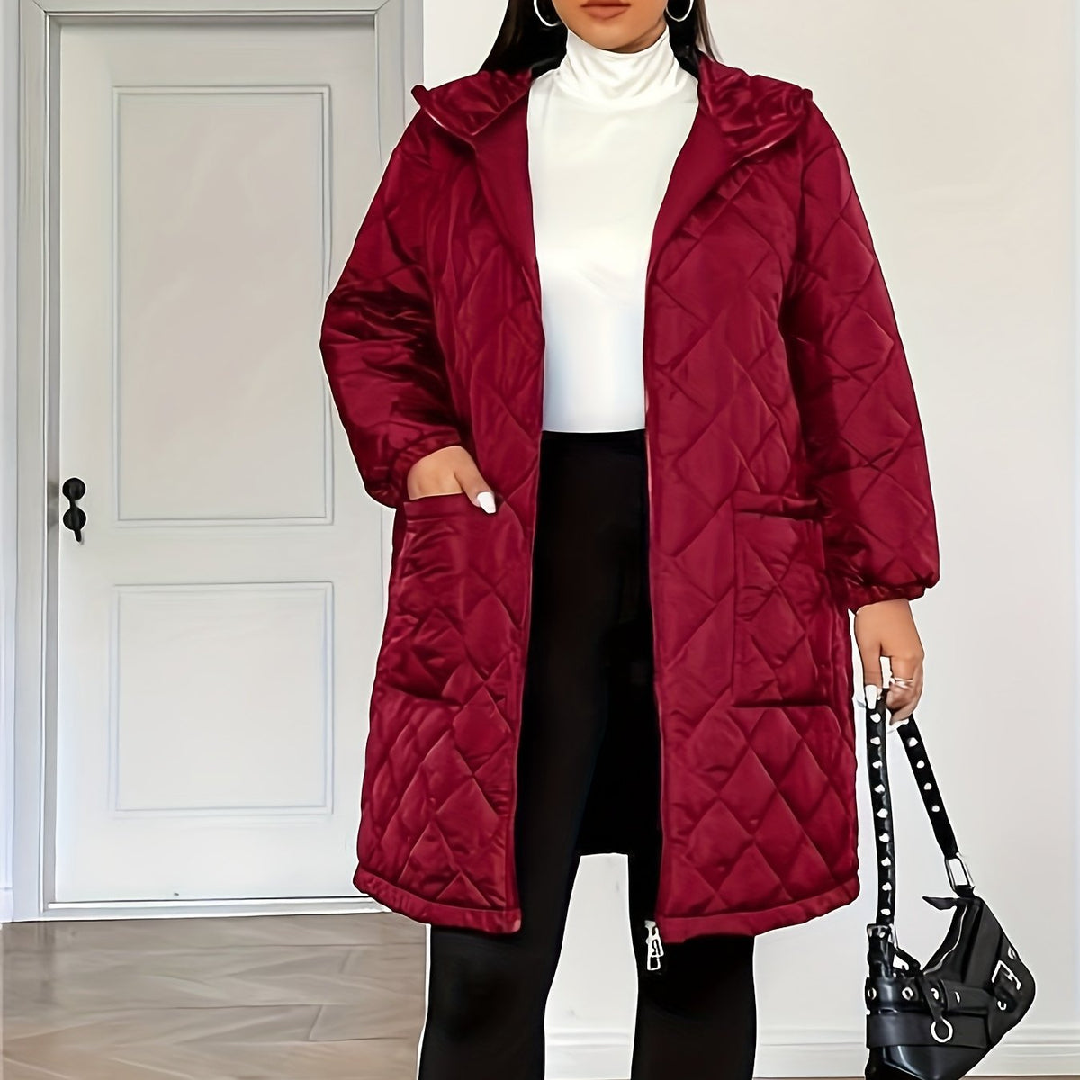 Manteau grande taille, coupe oversize, longueur midi, capuche — composition : 100% Polyester