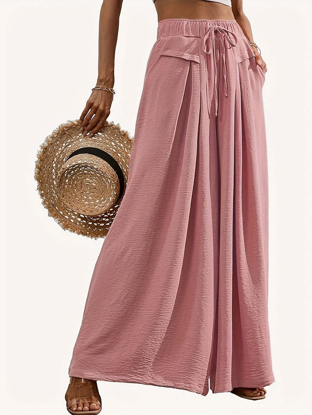 Pantalon grande taille, coupe évasée, cordon de serrage, détail du tissu