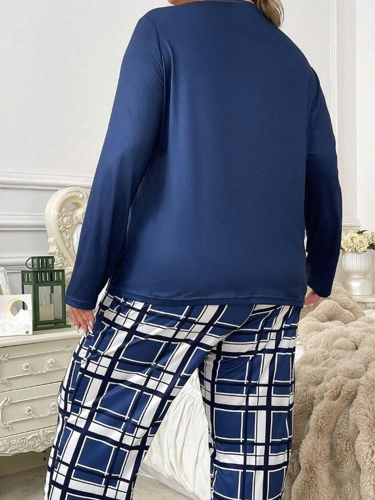 Ensemble grande taille à carreaux, manches longues, toucher naturel, tissu opaque