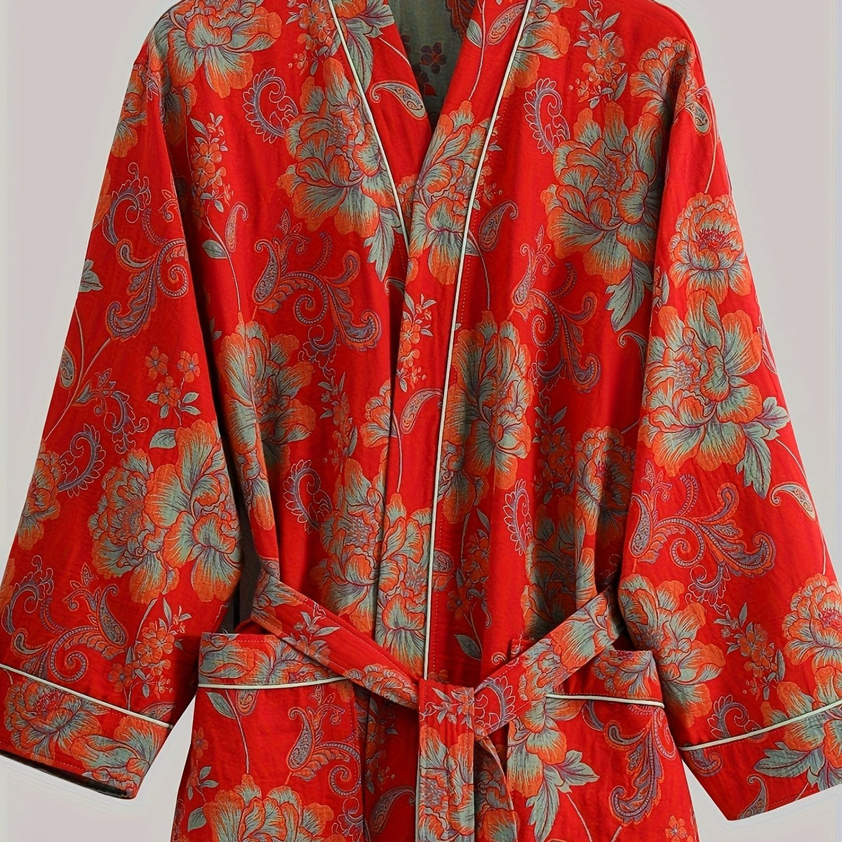 Peignoir grande taille à imprimé fleuri, manches longues, toucher naturel — matière : coton