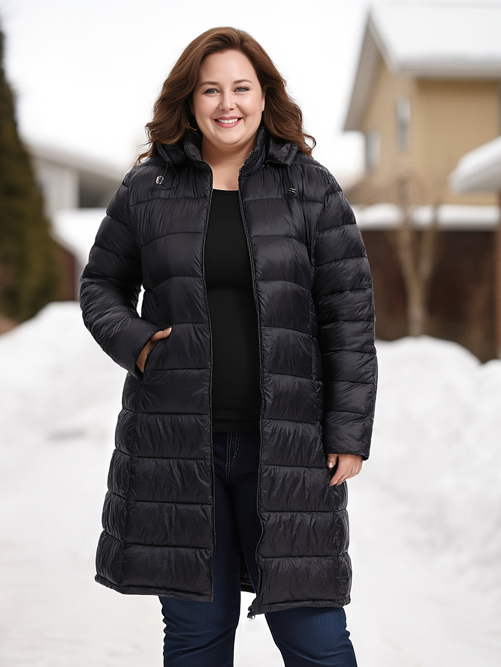 Manteau grande taille, col mao, capuche, chaleur d'hiver, porté de face