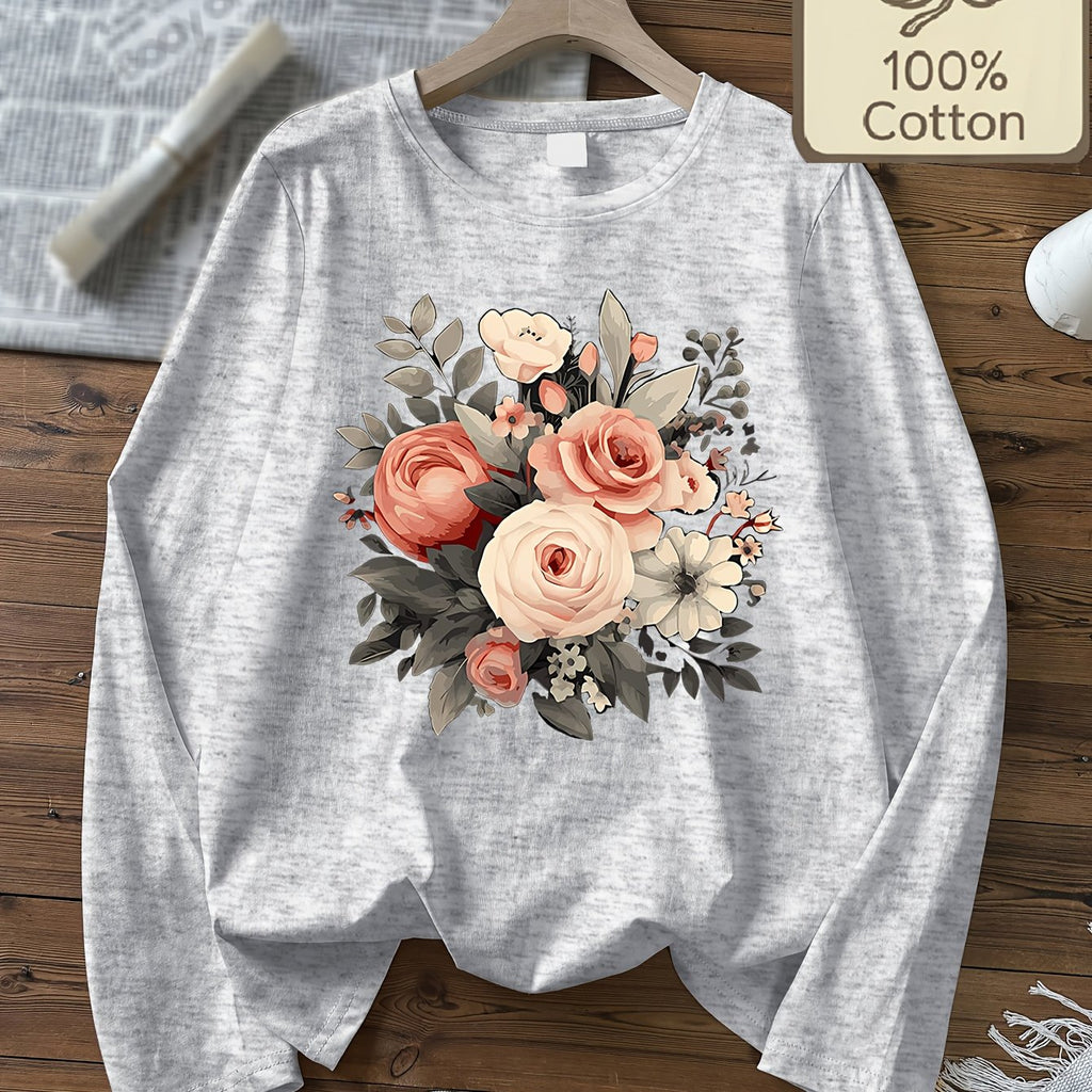 Top grande taille, col rond, manches longues, toucher naturel — composition : 100% Coton