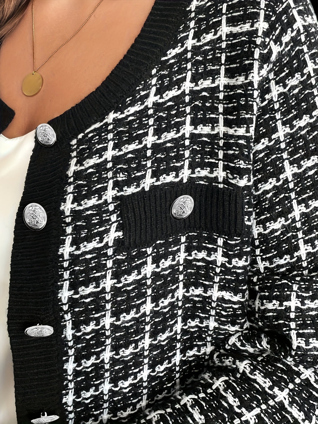 Cardigan grande taille à carreaux, poches pratiques — composition : 100% Polyester