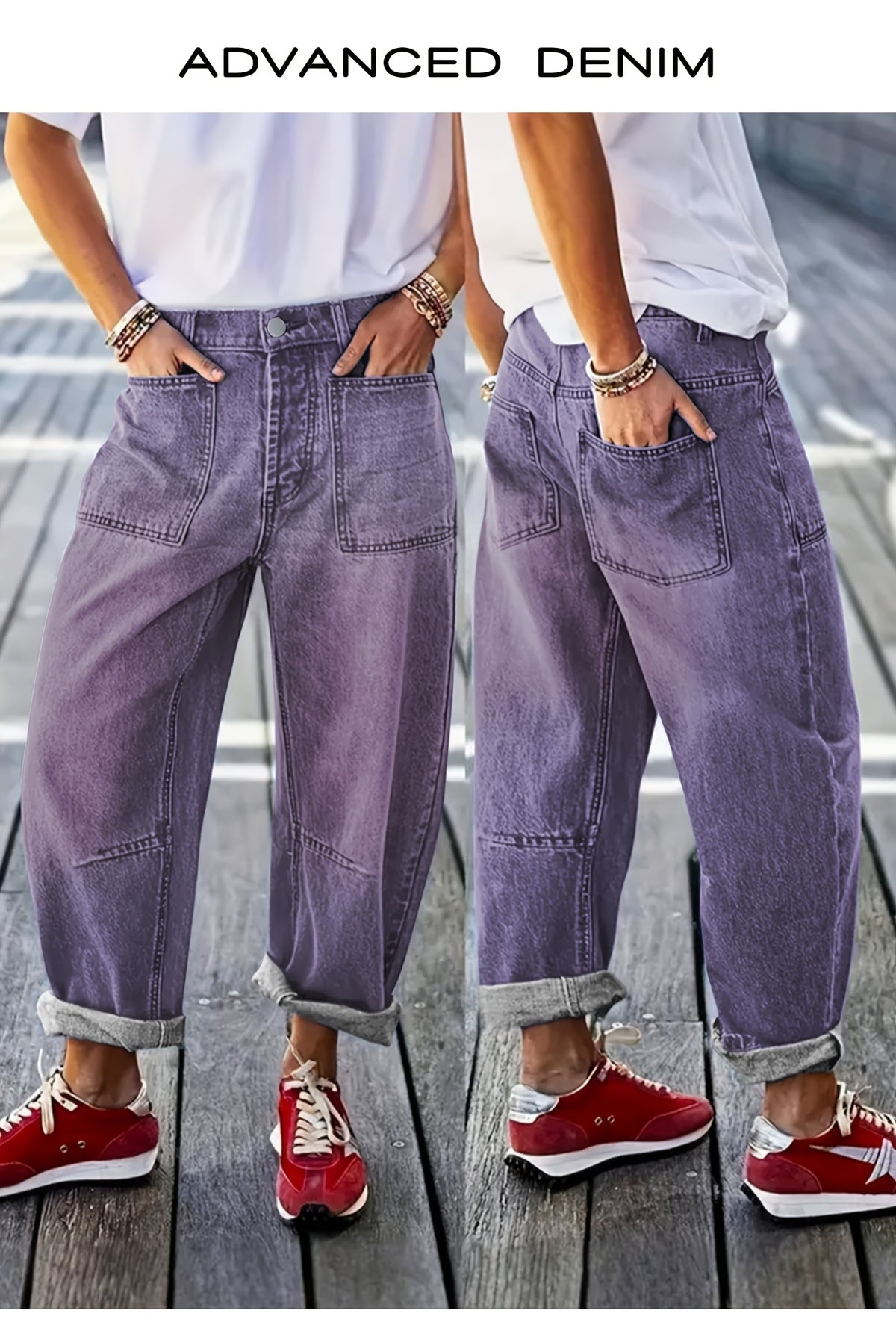 Jean grande taille, coupe droite, délavage doux, poches pratiques — matière : denim