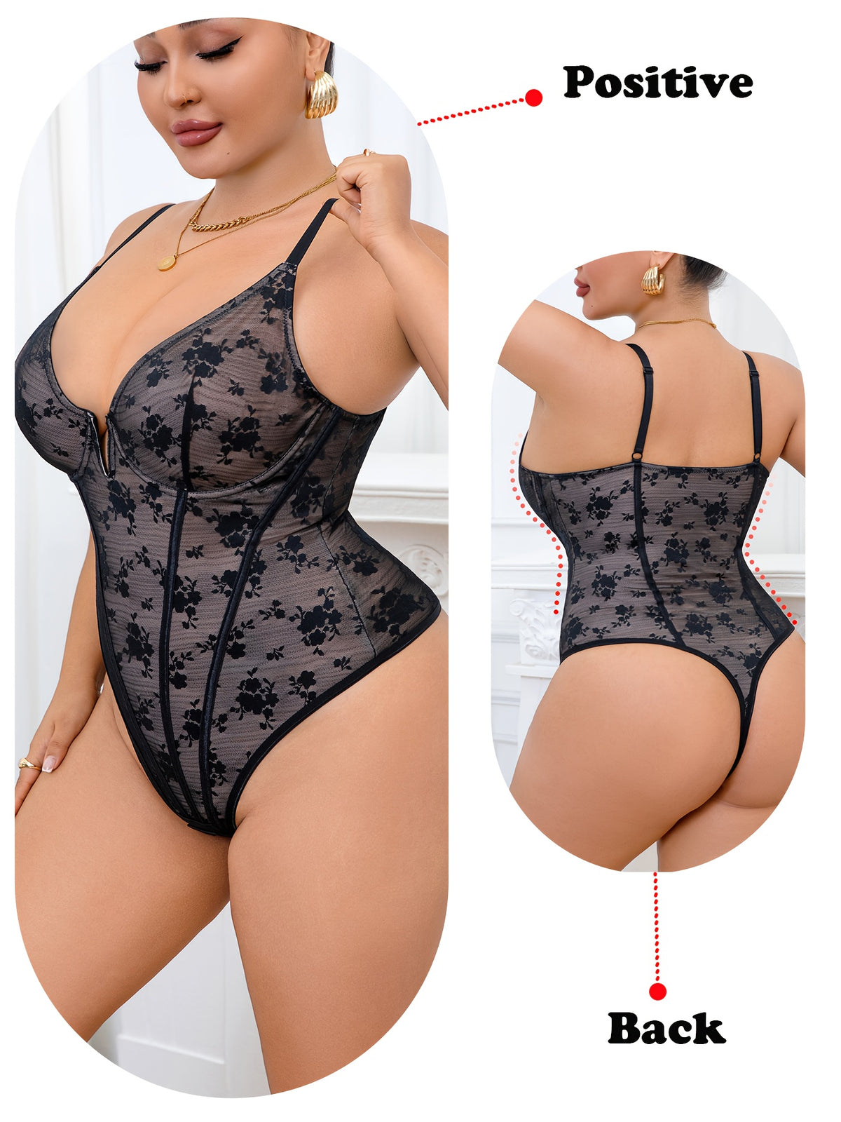 Combinaison grande taille en dentelle à imprimé fleuri, effet ajouré, porté de face