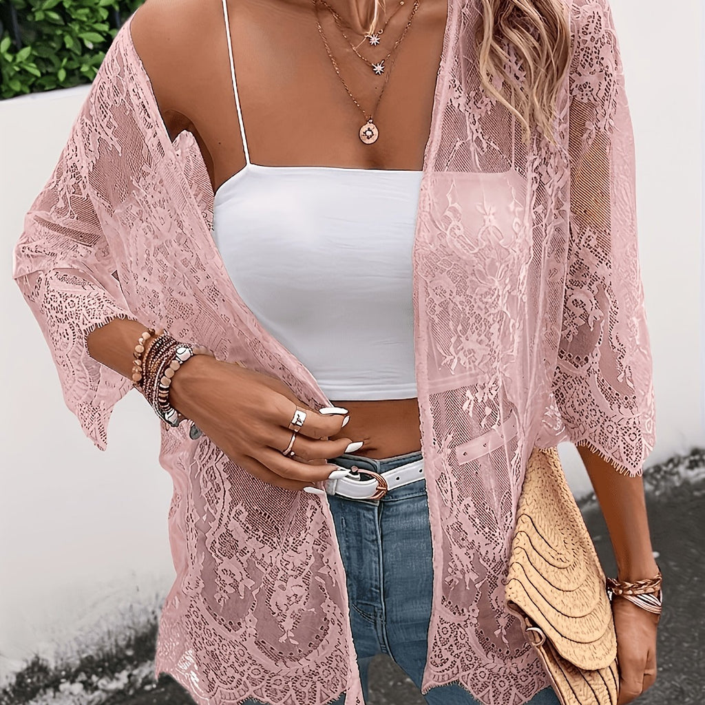 Cardigan grande taille en dentelle, encolure nette, effet ajouré, vu de dos