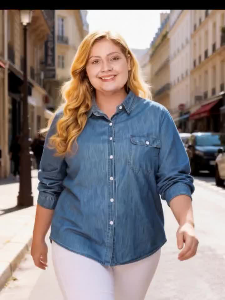 Chemise grande taille, col à revers, poches plaquées, manches longues, vu de dos