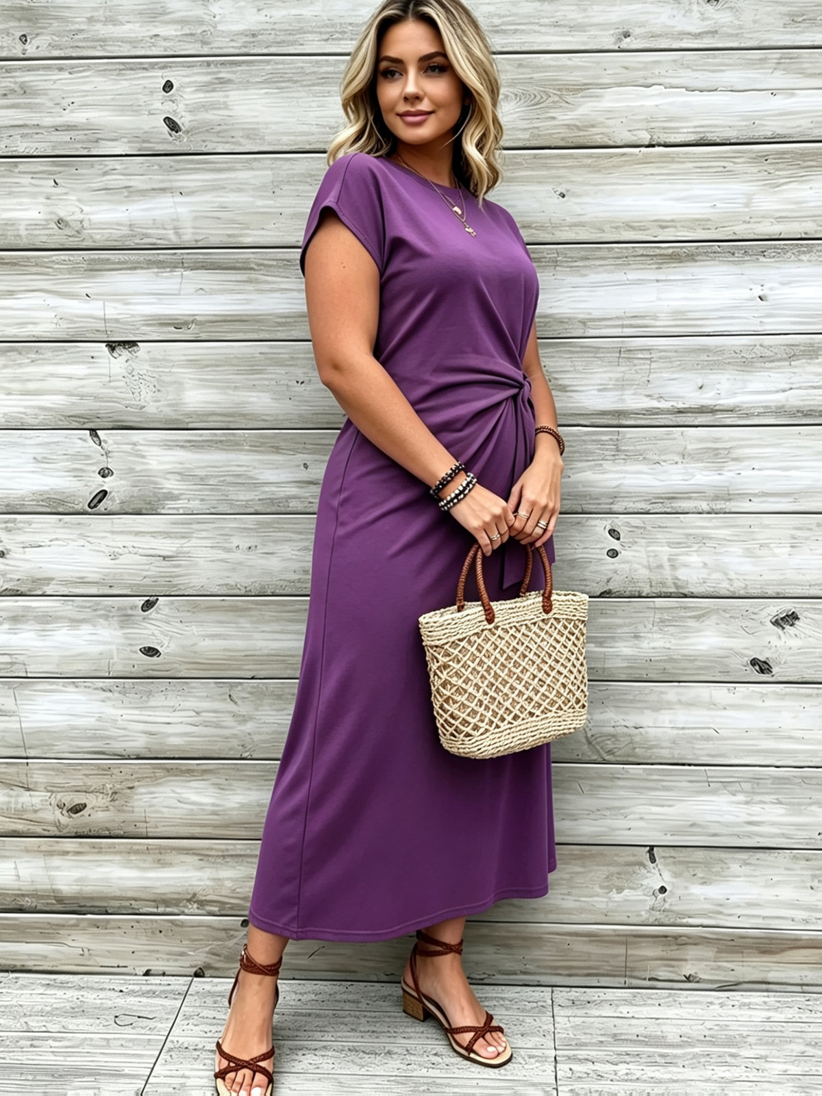 Robe longue grande taille — Jersey uni et nœud à la taille