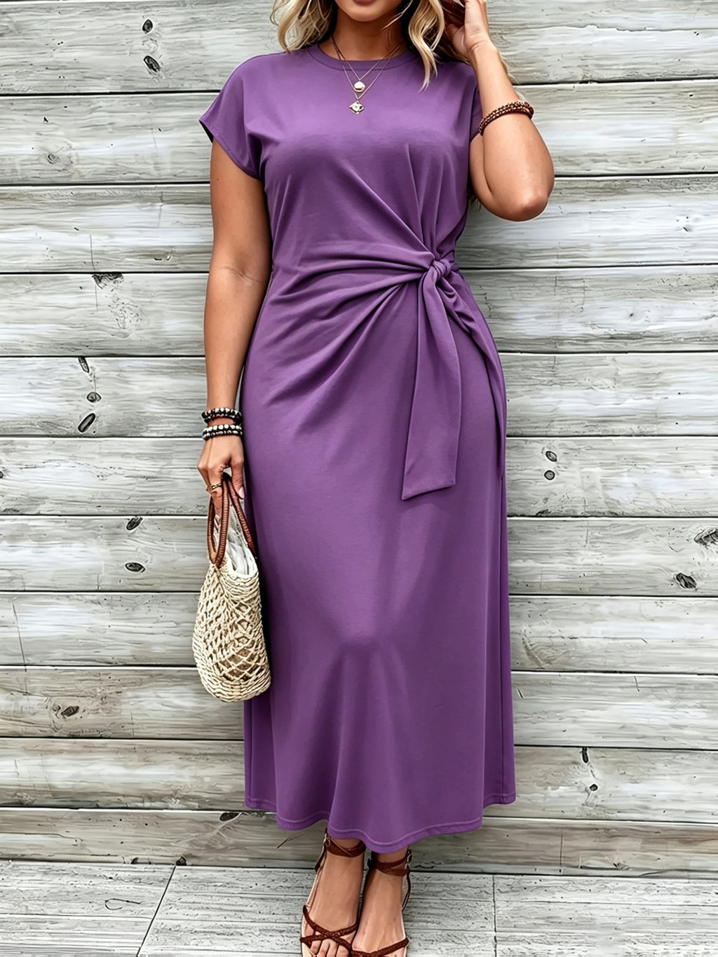 Robe longue grande taille — Jersey uni et nœud à la taille