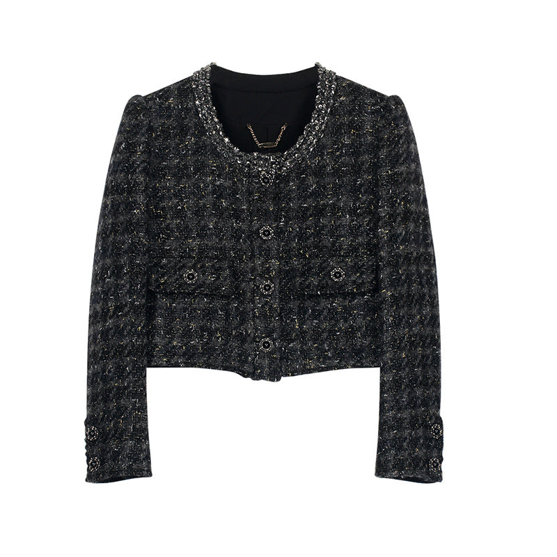 Veste grande taille en tweed à carreaux, coupe courte, perles, manches longues