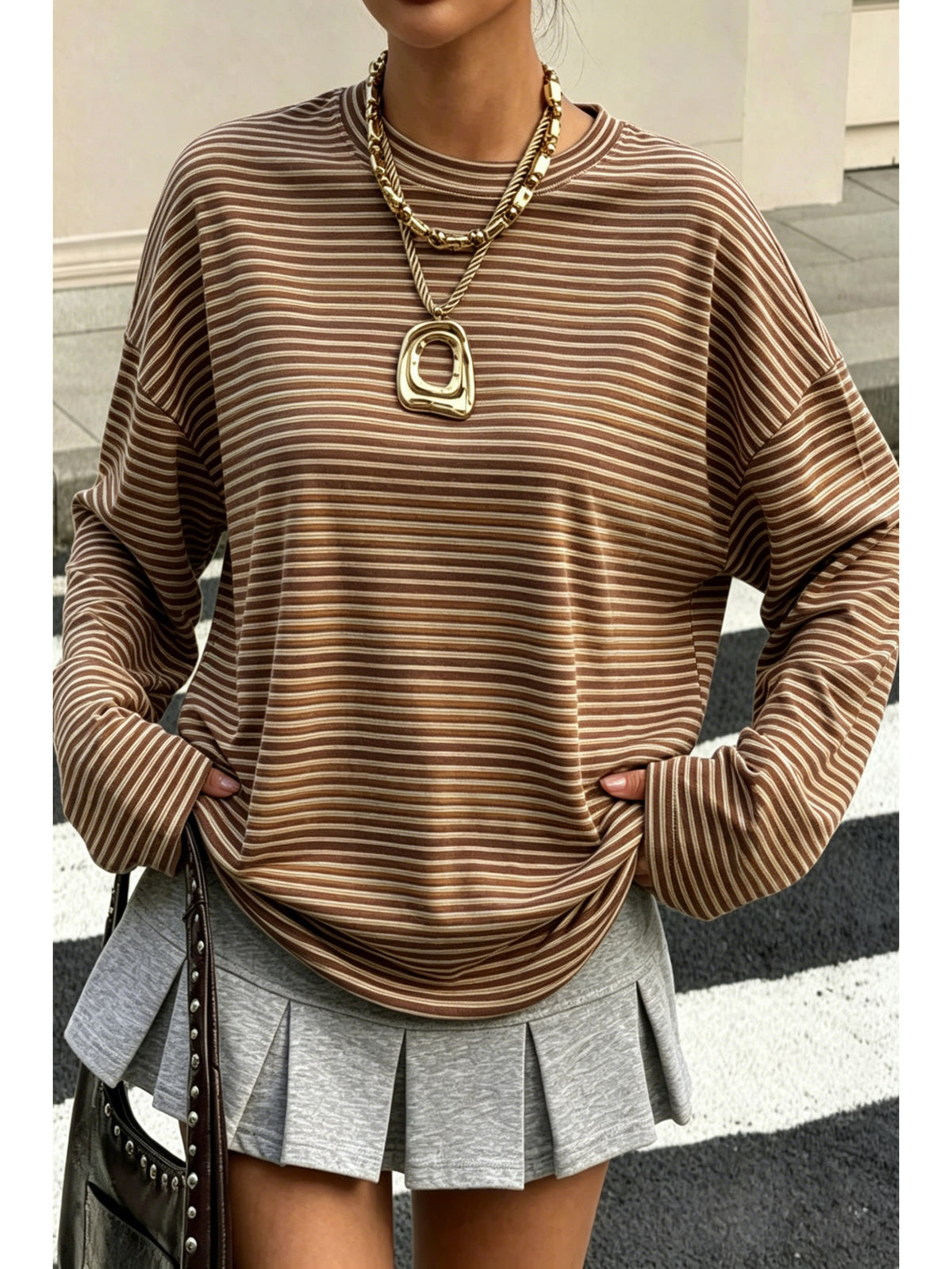 Top grande taille à rayures, coupe oversize, manches longues — composition : 95% Polyester, 5% Élasthanne
