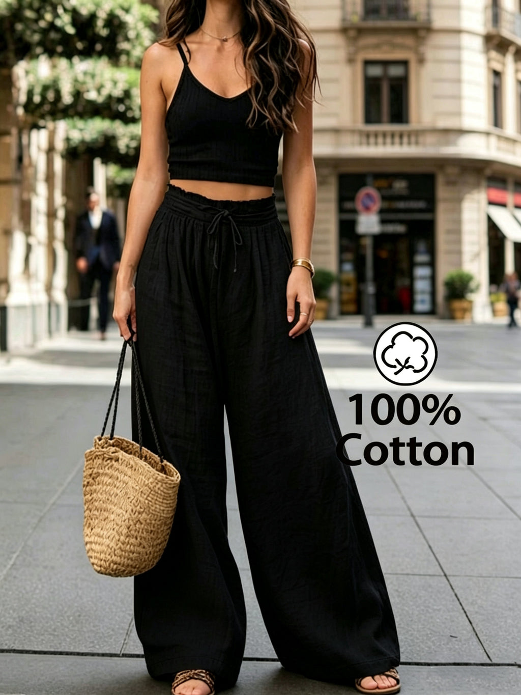 Pantalon en coton grande taille — Taille froncée et cordon