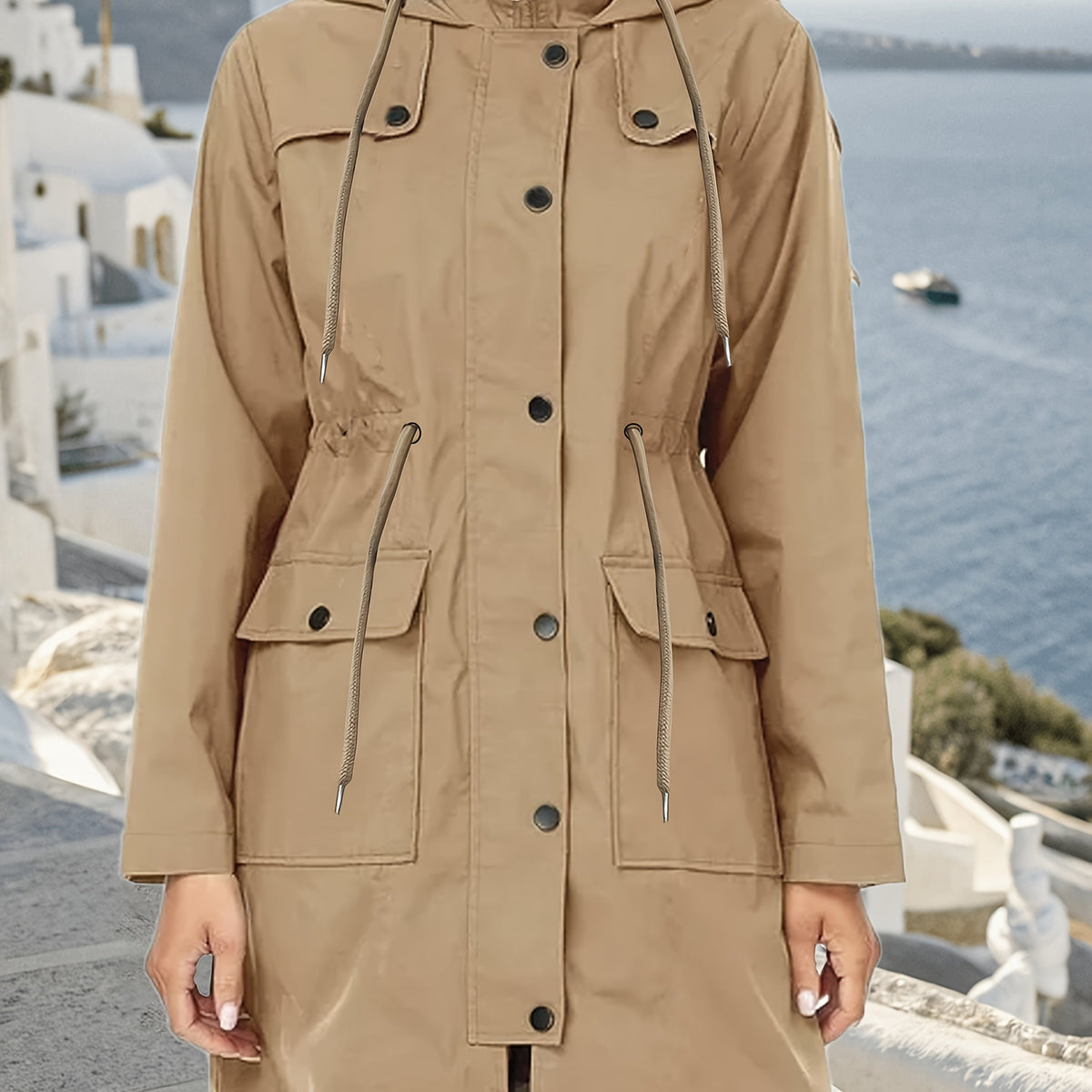 Manteau grande taille, capuche, poches plaquées — matière : polyester