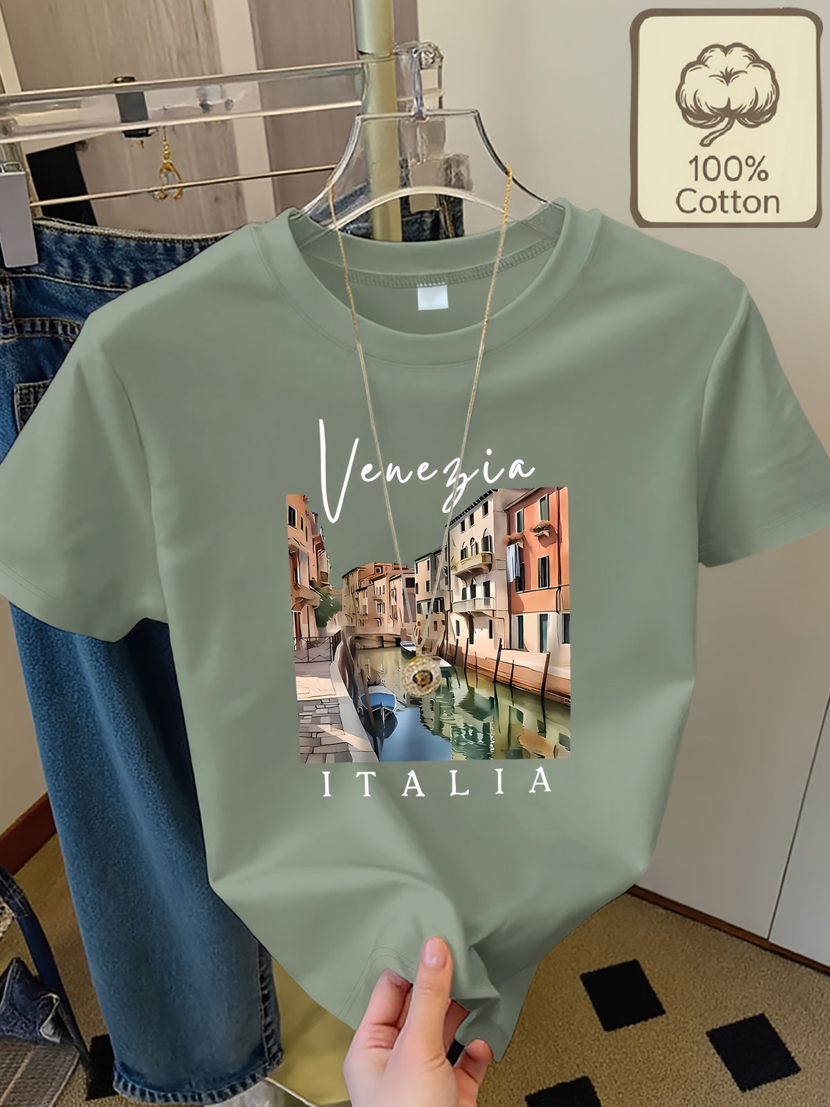 Top grande taille, col rond, manches courtes, toucher naturel, visuel produit