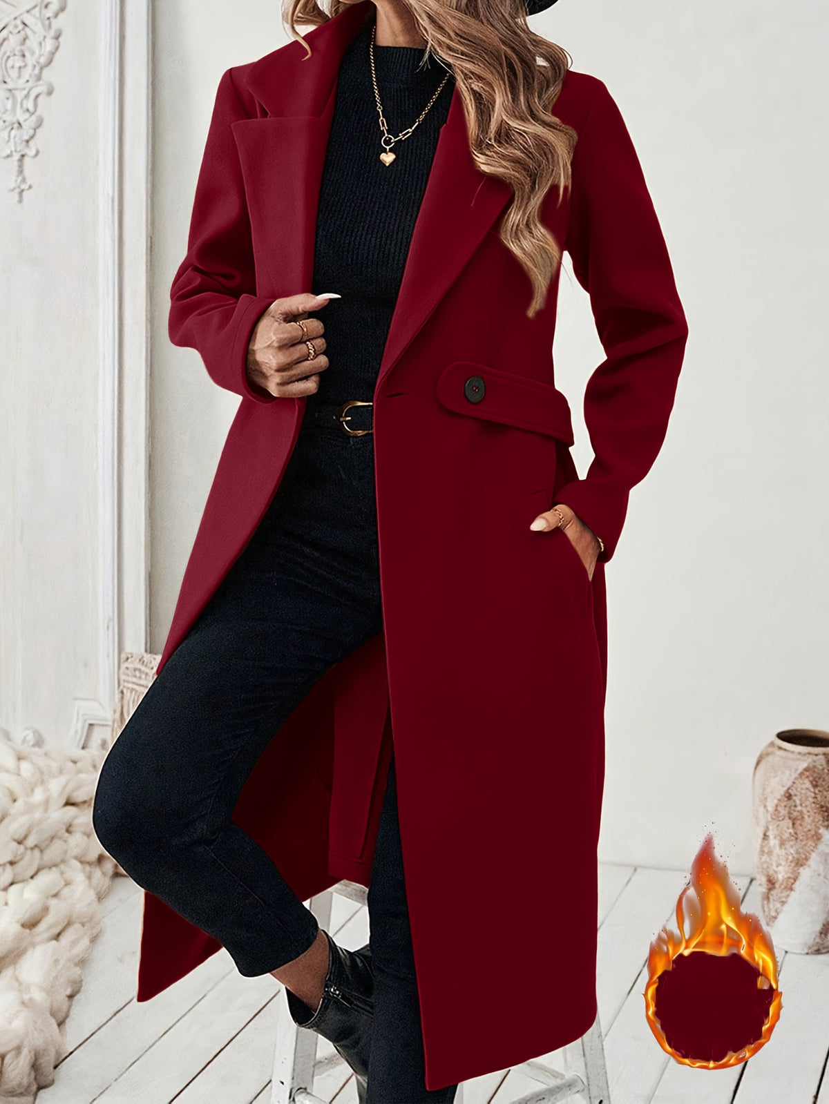 Manteau grande taille, boutonnage, poches pratiques, chaleur d'hiver — matière : polyester