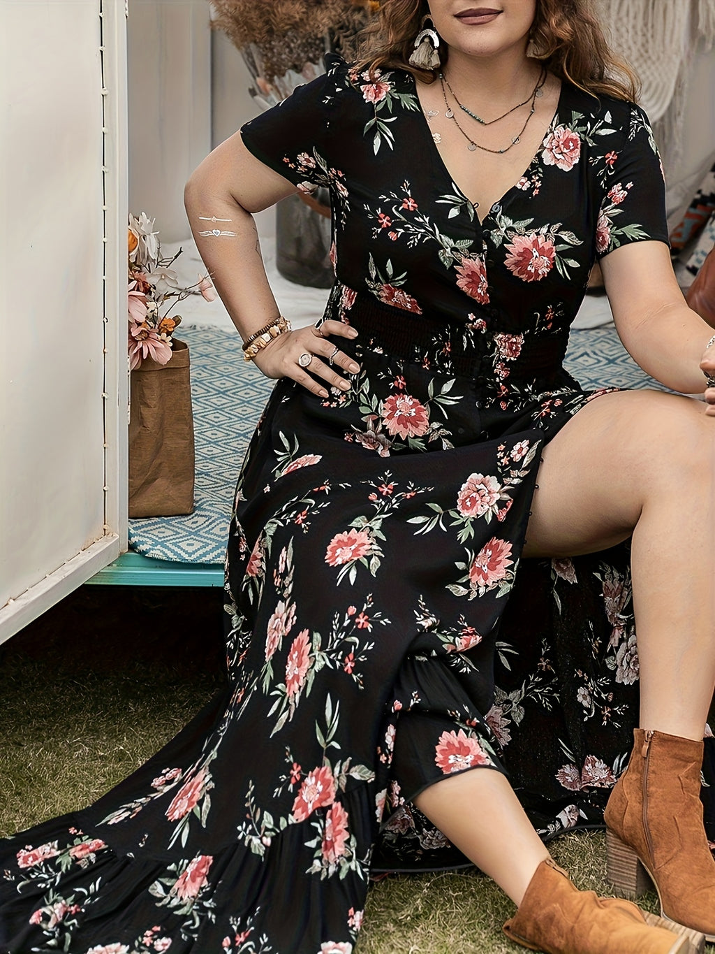 Robe longue grande taille — Fleurie à patte boutonnée viscose