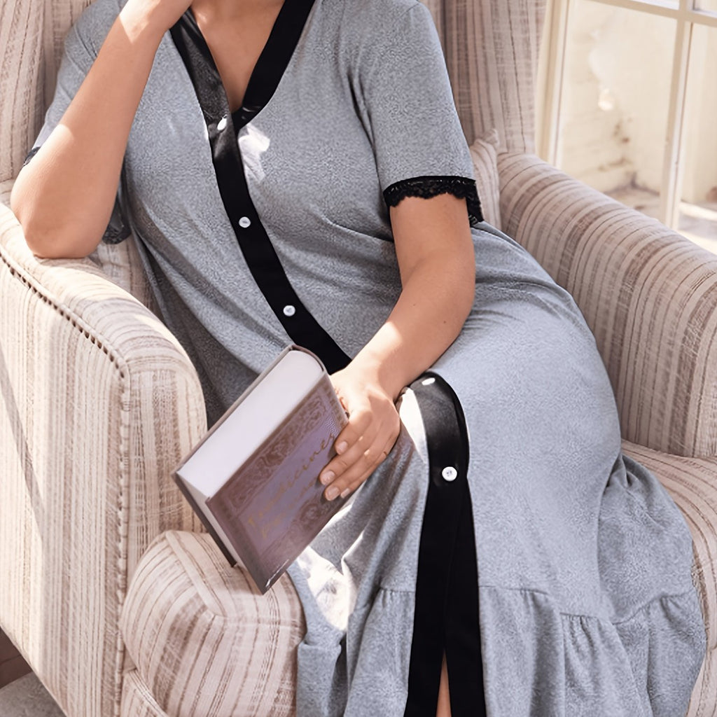 Robe grande taille en dentelle, manches courtes, effet ajouré — matière : polyester
