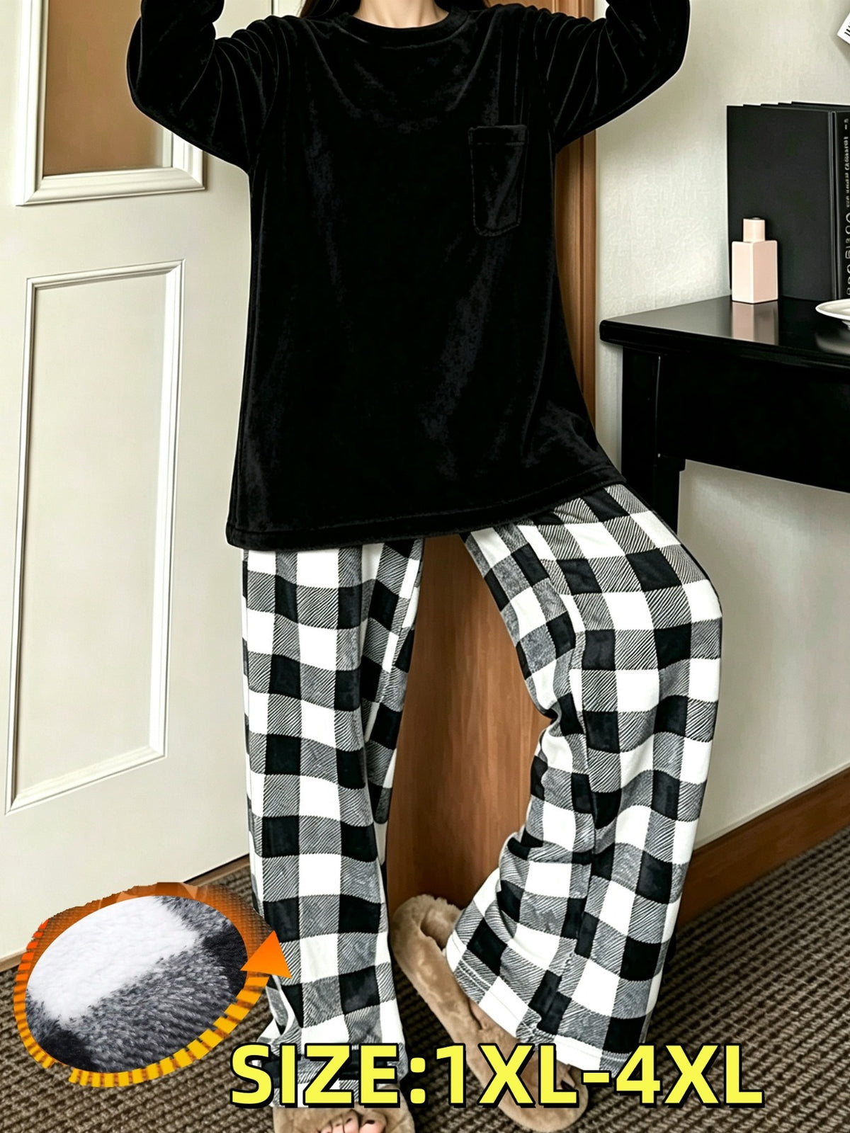 Pyjama grande taille à carreaux, chaleur d'hiver, esprit décontracté, détail du tissu