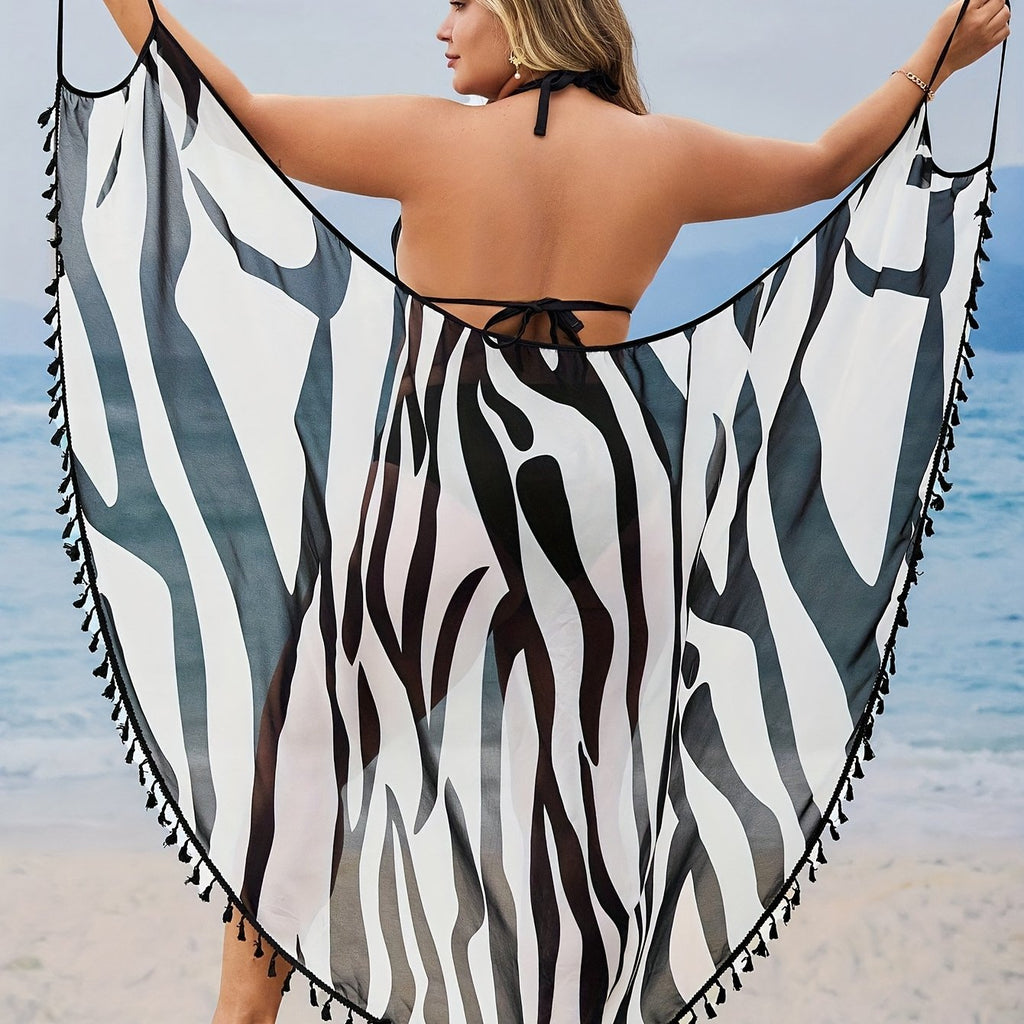 Maillot de bain grande taille à imprimé géométrique, pompons — matière : polyester