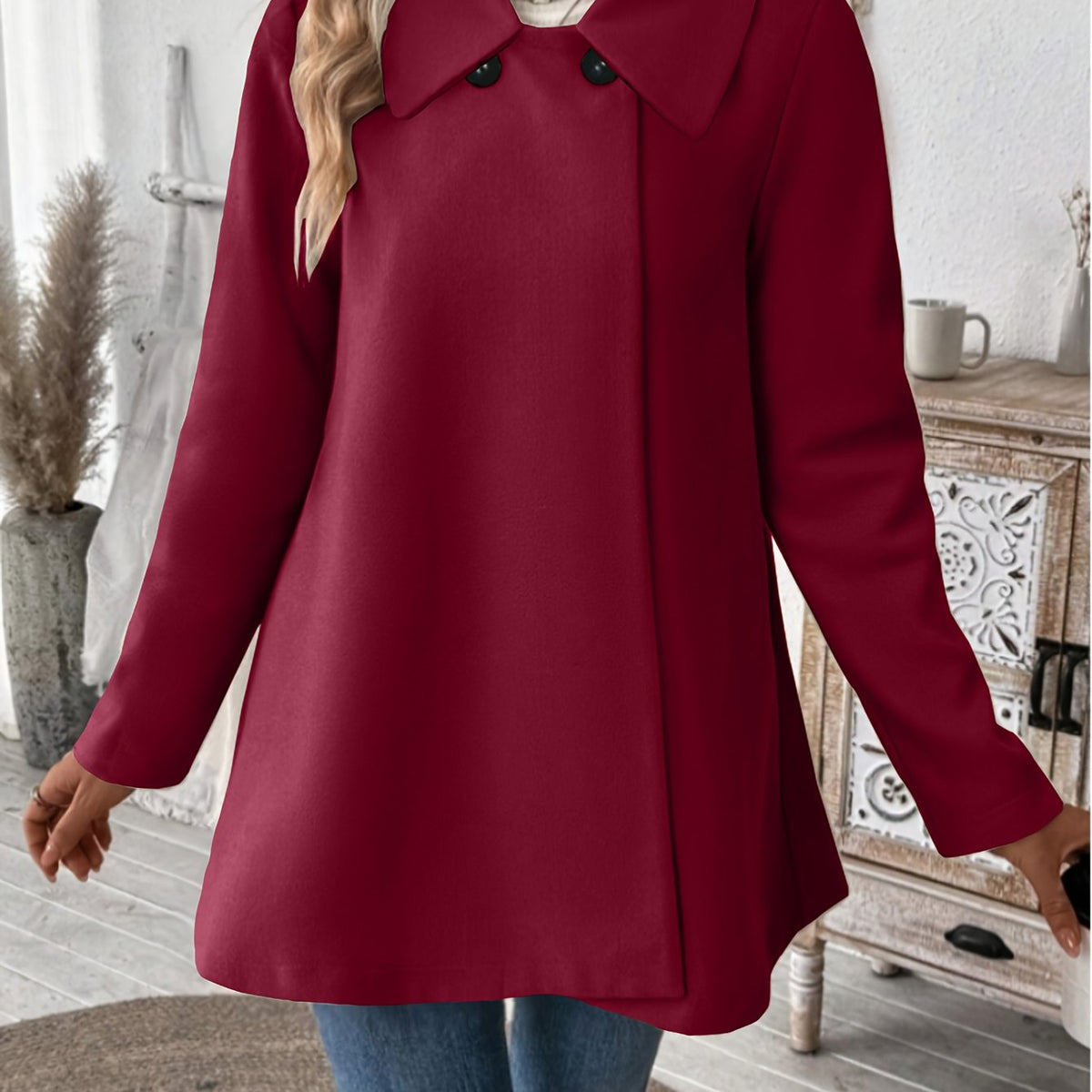 Manteau grande taille, col à revers, boutonnage, manches longues, tissu opaque