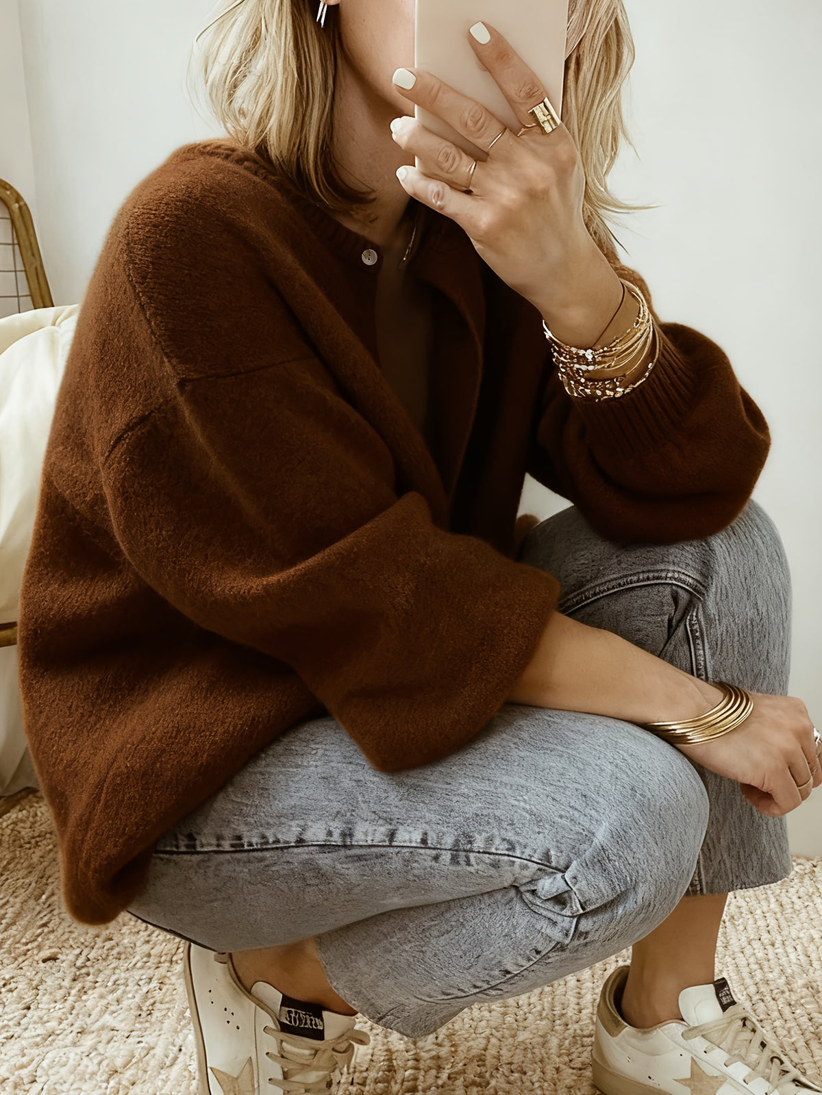 Cardigan grande taille à rayures, coupe oversize, col rond, chaleur d'hiver, autre coloris