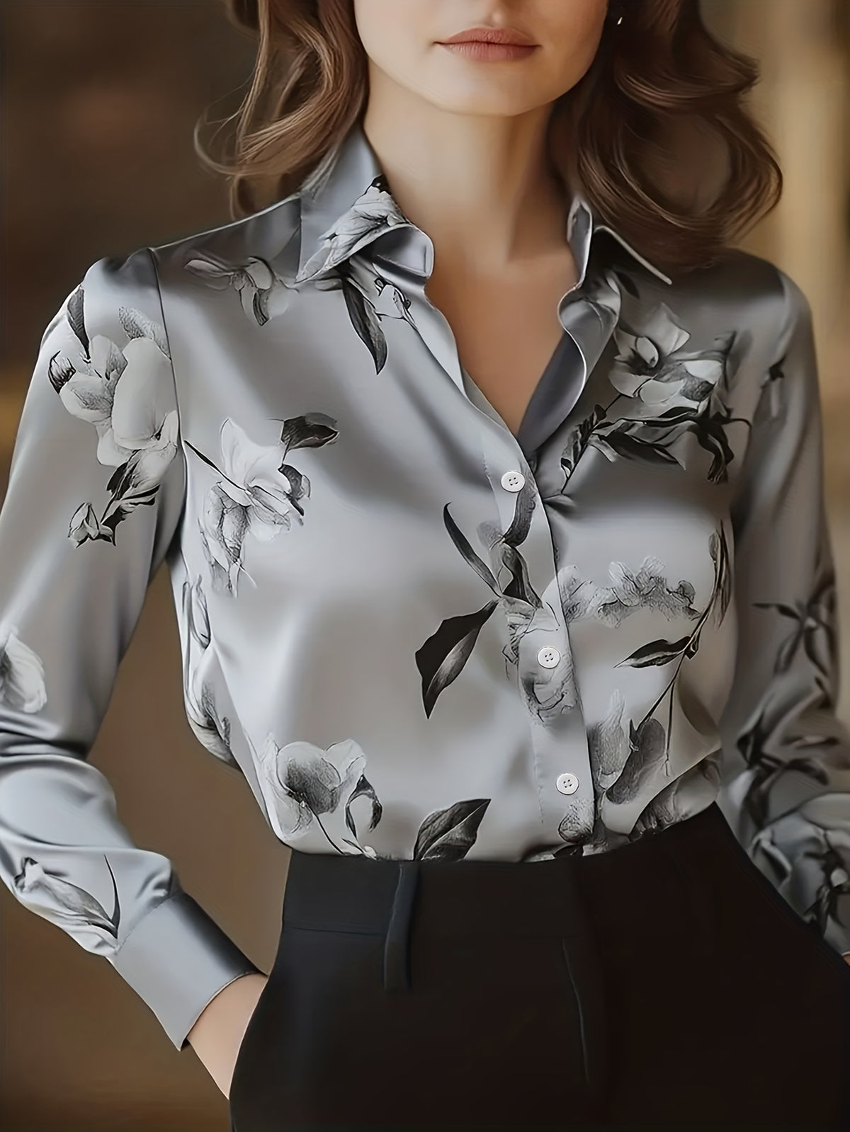 Chemise grande taille en satin à imprimé fleuri, col à revers, tombé fluide, autre coloris