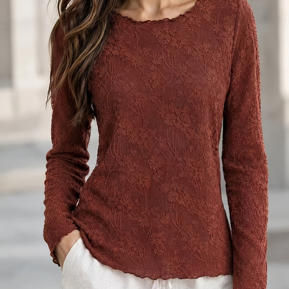 Top grande taille en dentelle, effet ajouré, chaleur d'hiver — composition : 100% Polyester Image