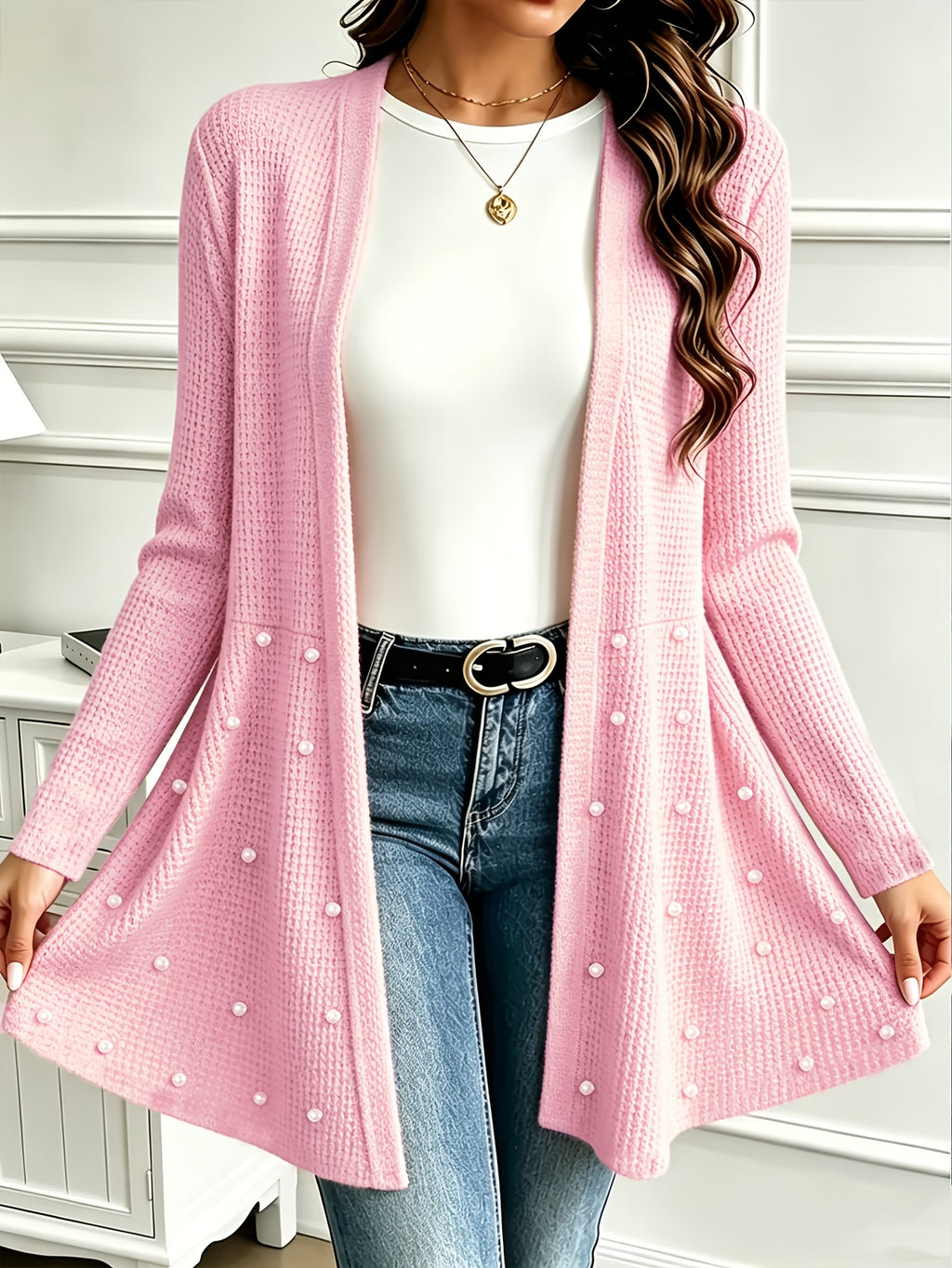 Veste grande taille, perles, manches longues, détail du tissu