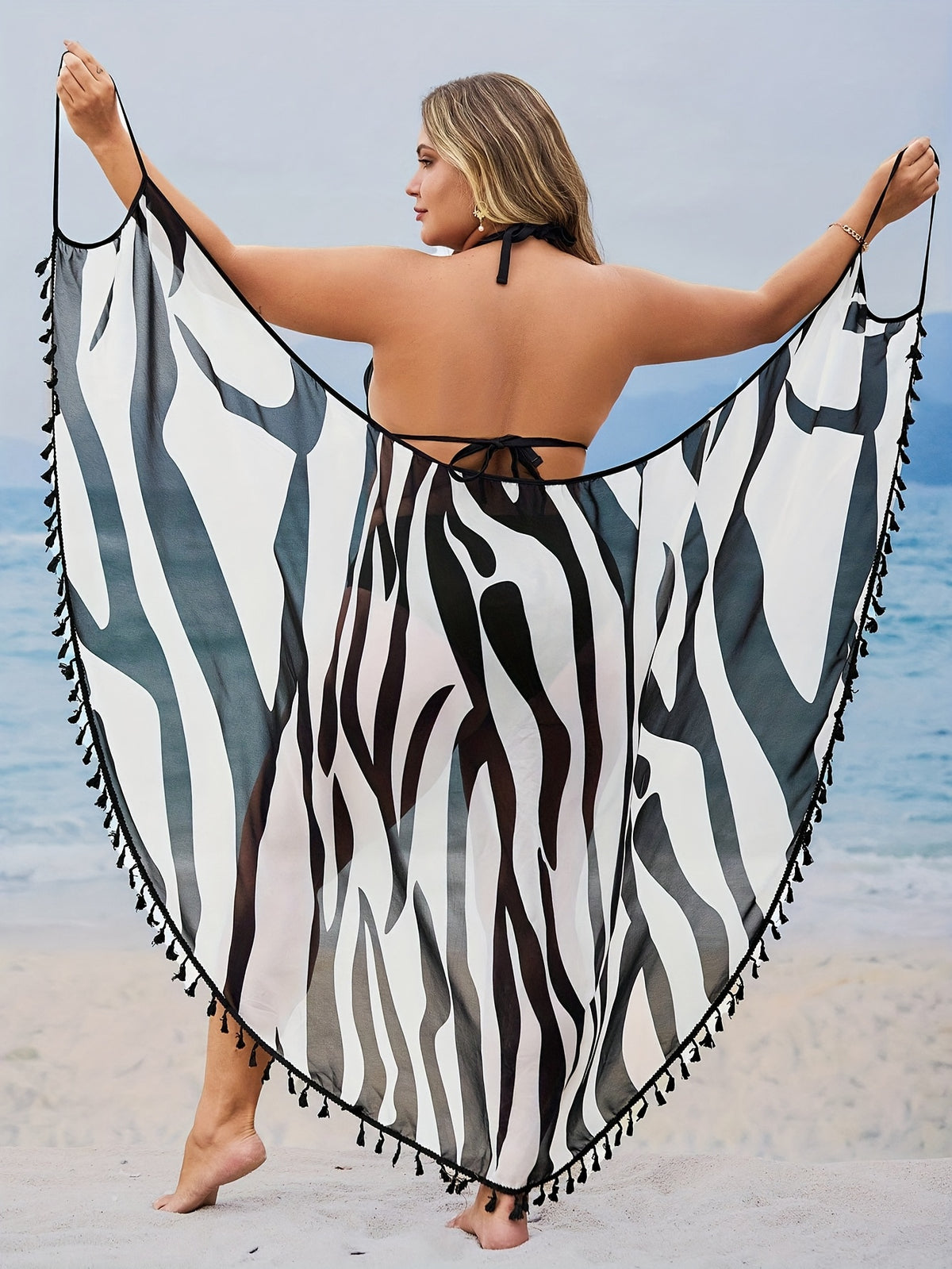 Maillot de bain grande taille à imprimé géométrique, pompons