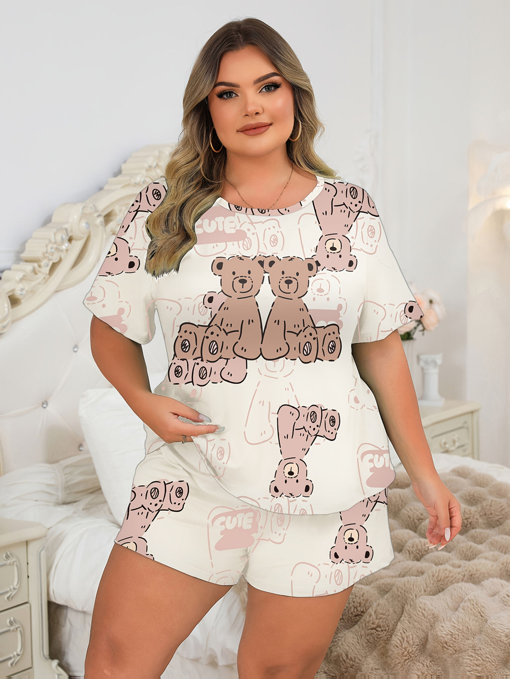 Pyjama grande taille, col rond, manches courtes