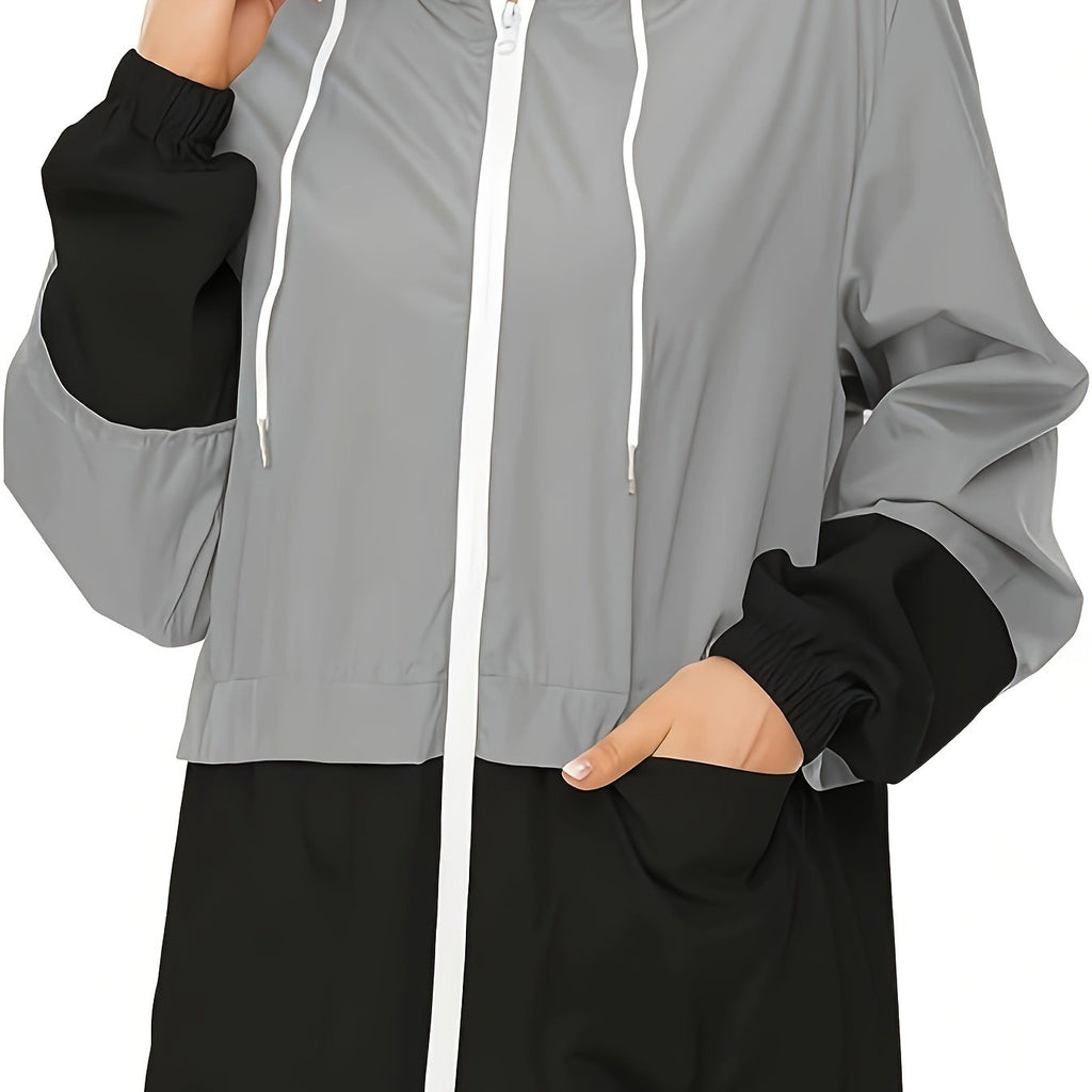 Veste grande taille, capuche, fermeture zippée, coupe-vent — matière : polyester