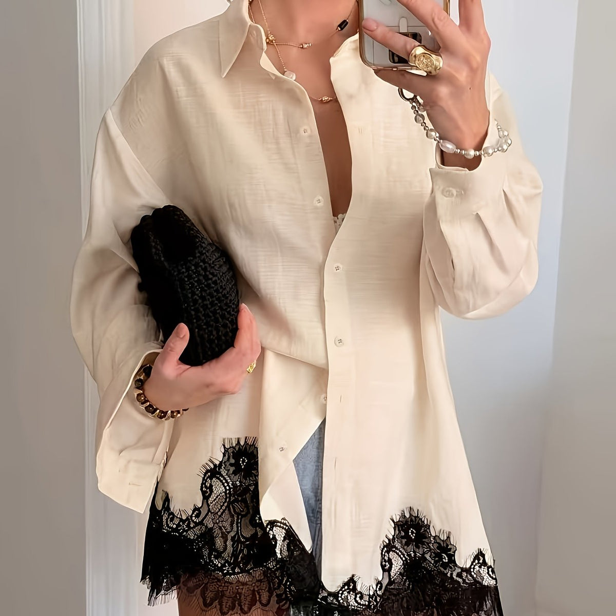 Chemise grande taille en dentelle, coupe droite, manches longues, effet ajouré, tissu opaque