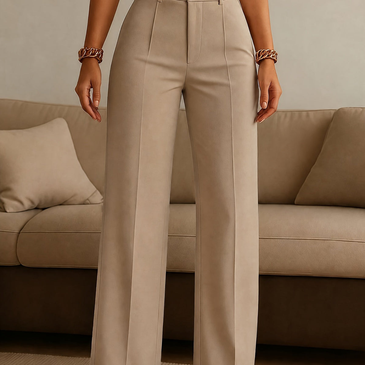 Pantalon grande taille, coupe droite, fermeture zippée, allure élégante — composition : 100% Polyester Image